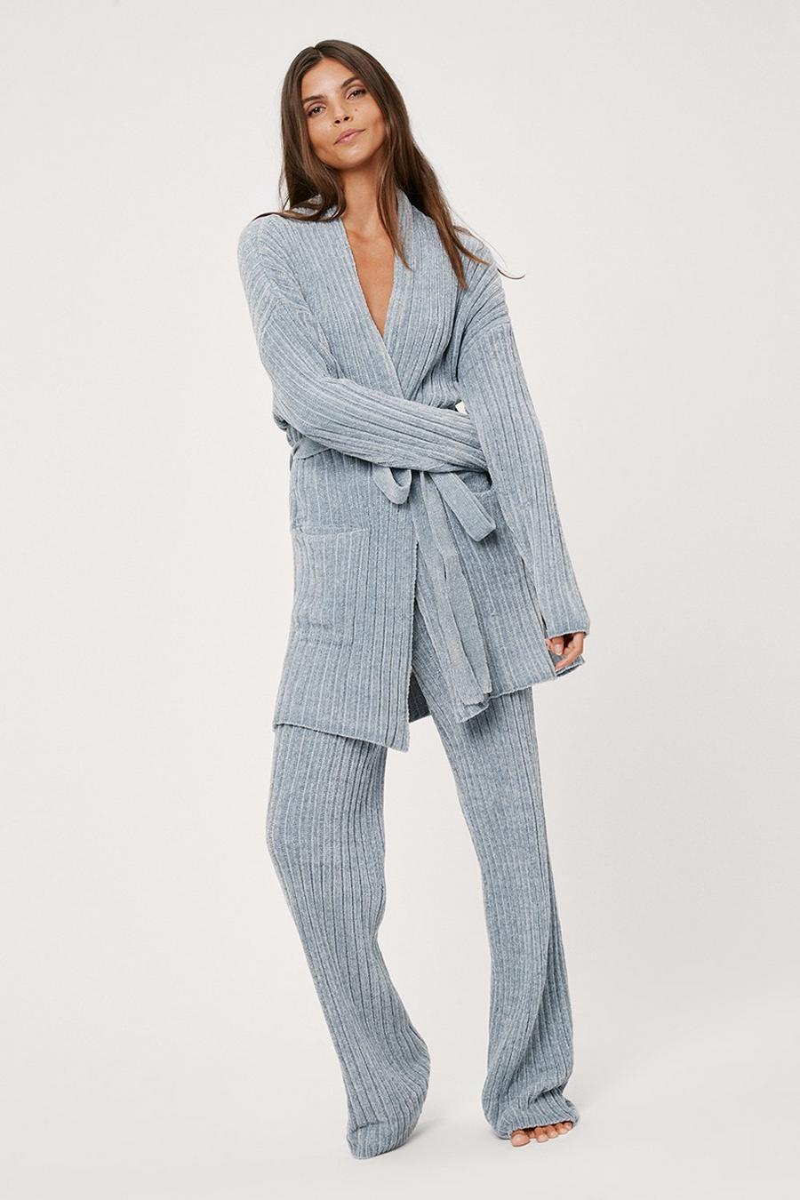 Ribbed Chenille Belted Robe and Pants Loungewear Set