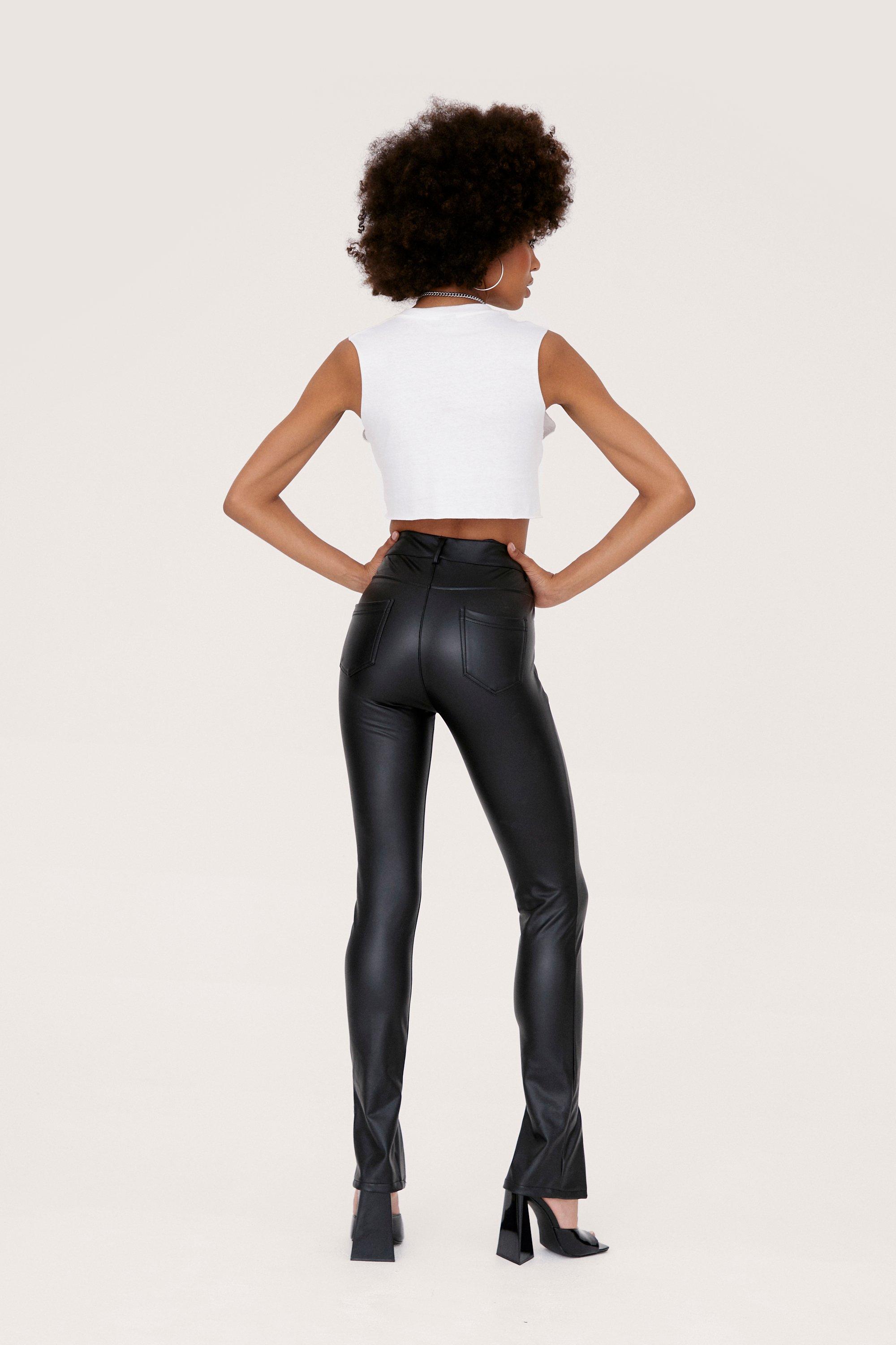 Petite Black Faux Leather Split Skinny Pants