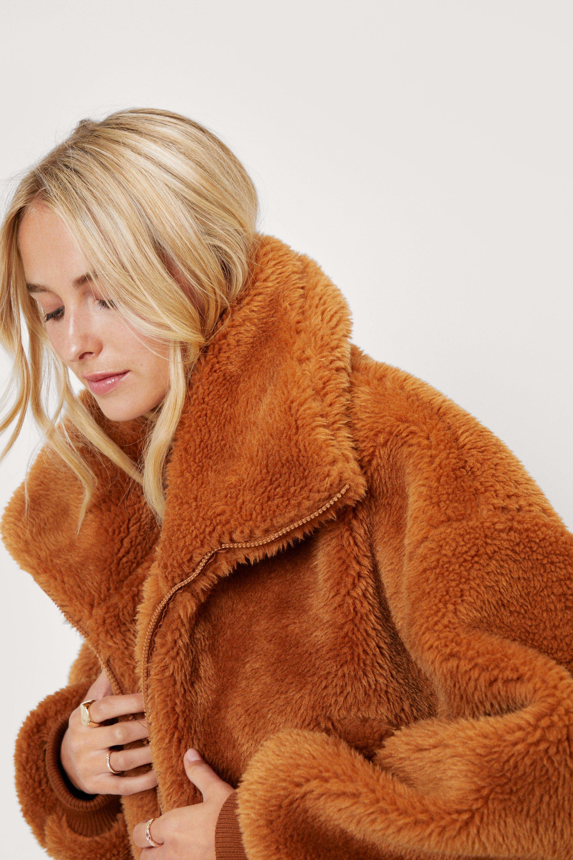 High Neck Faux Fur Coat Orange