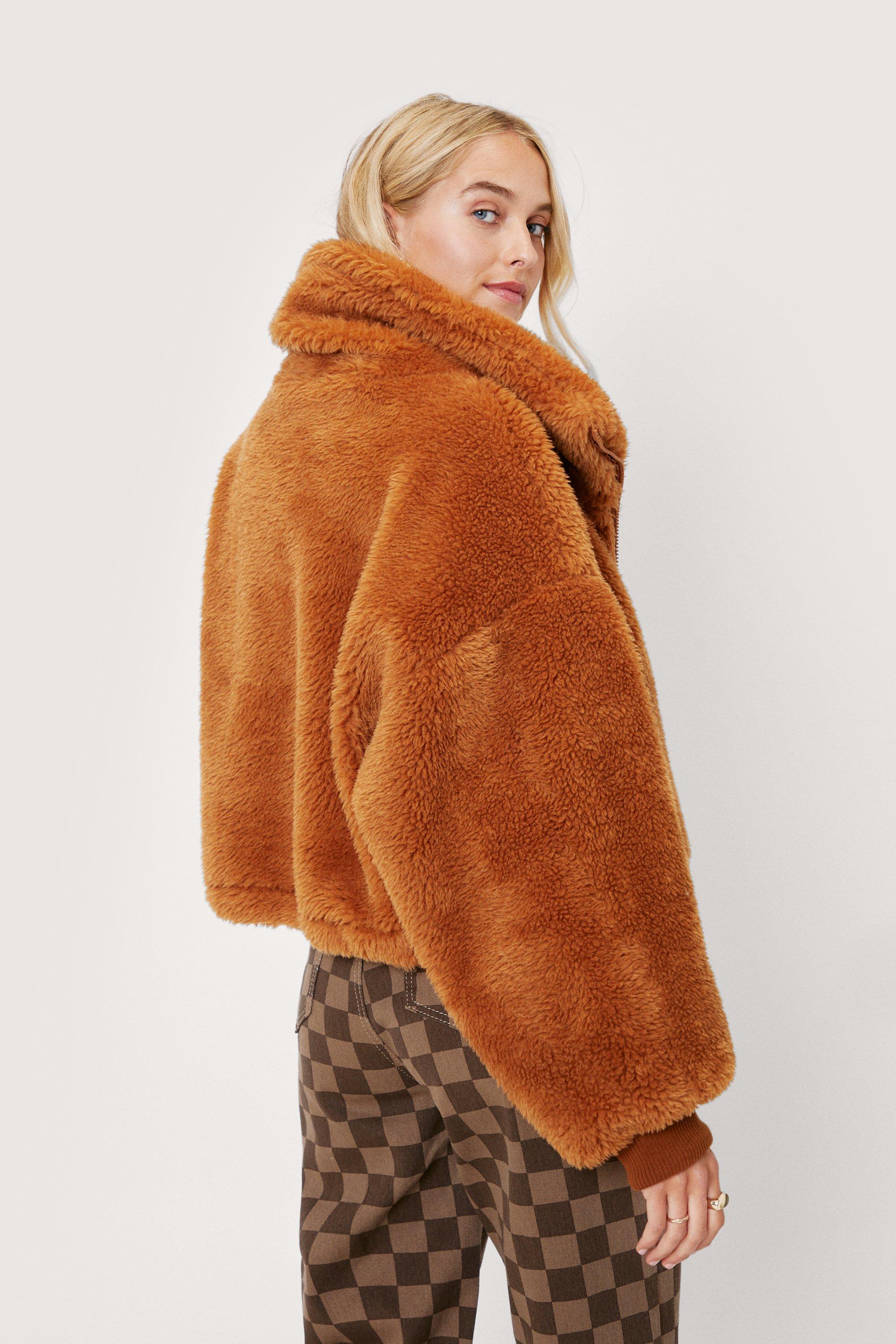 High Neck Faux Fur Coat Orange