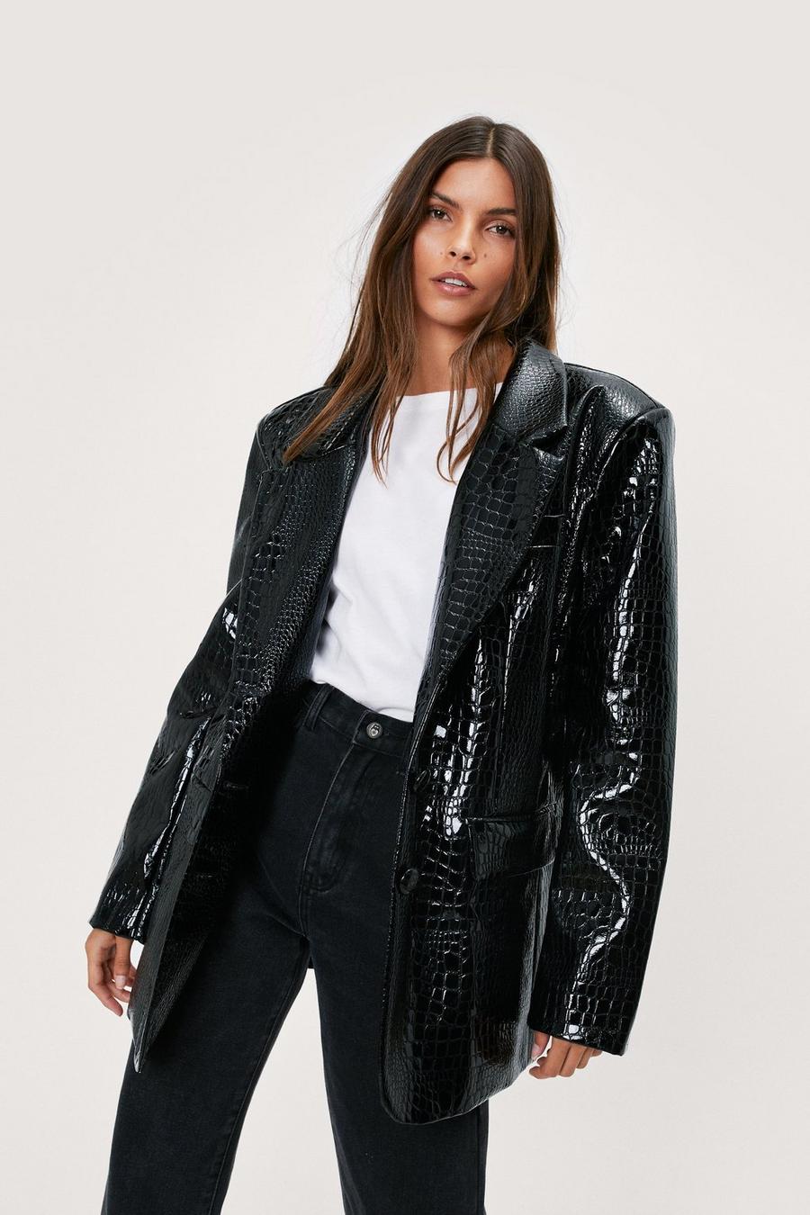 Faux Leather Croc Embossed Oversized Blazer
