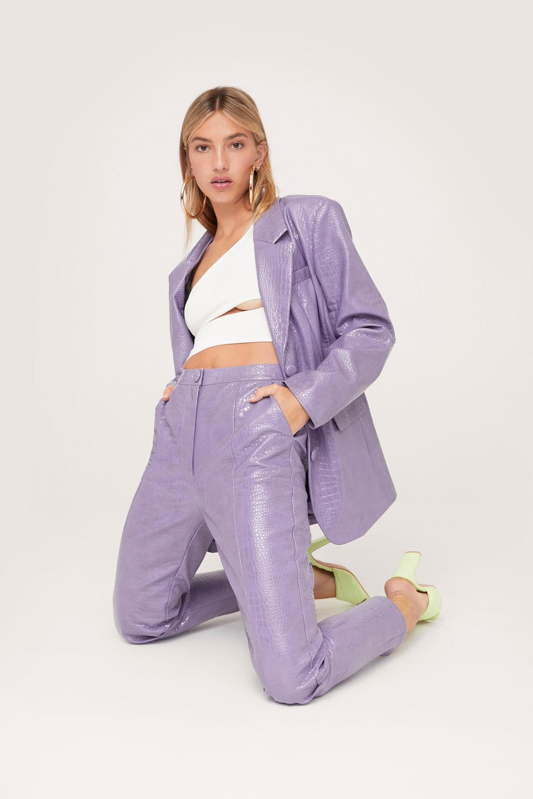 Lilac Faux Leather Croc Embossed Oversized Blazer image number 1