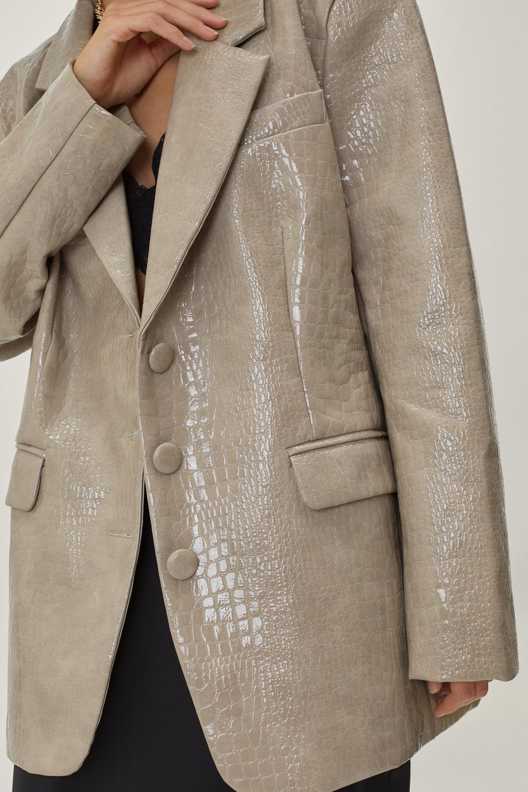 Taupe Faux Leather Croc Embossed Oversized Blazer image number 1