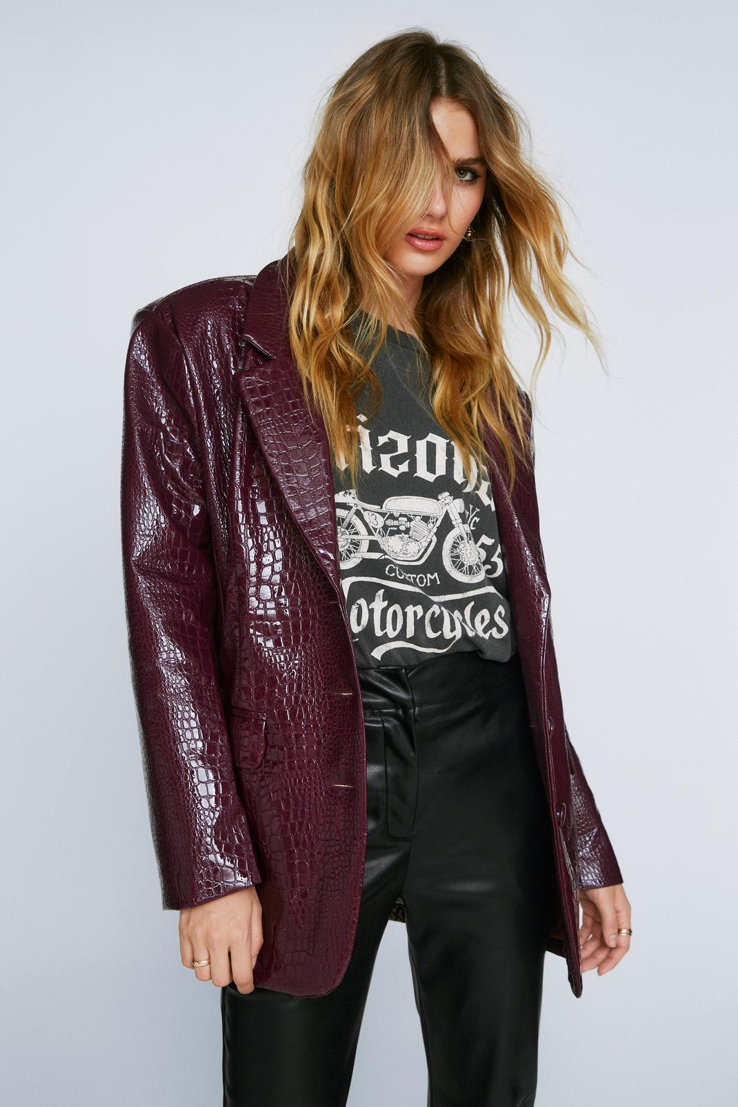 Wine Faux Leather Croc Embossed Oversized Blazer image number 1