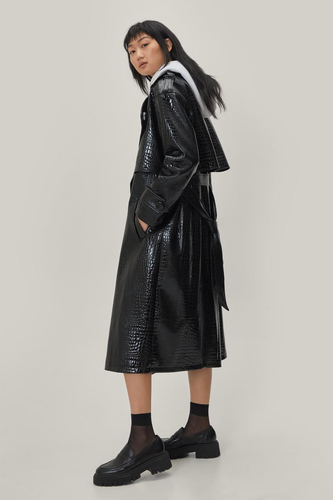 Faux Leather Croc Embossed Belted Trench Coat | Nasty Gal