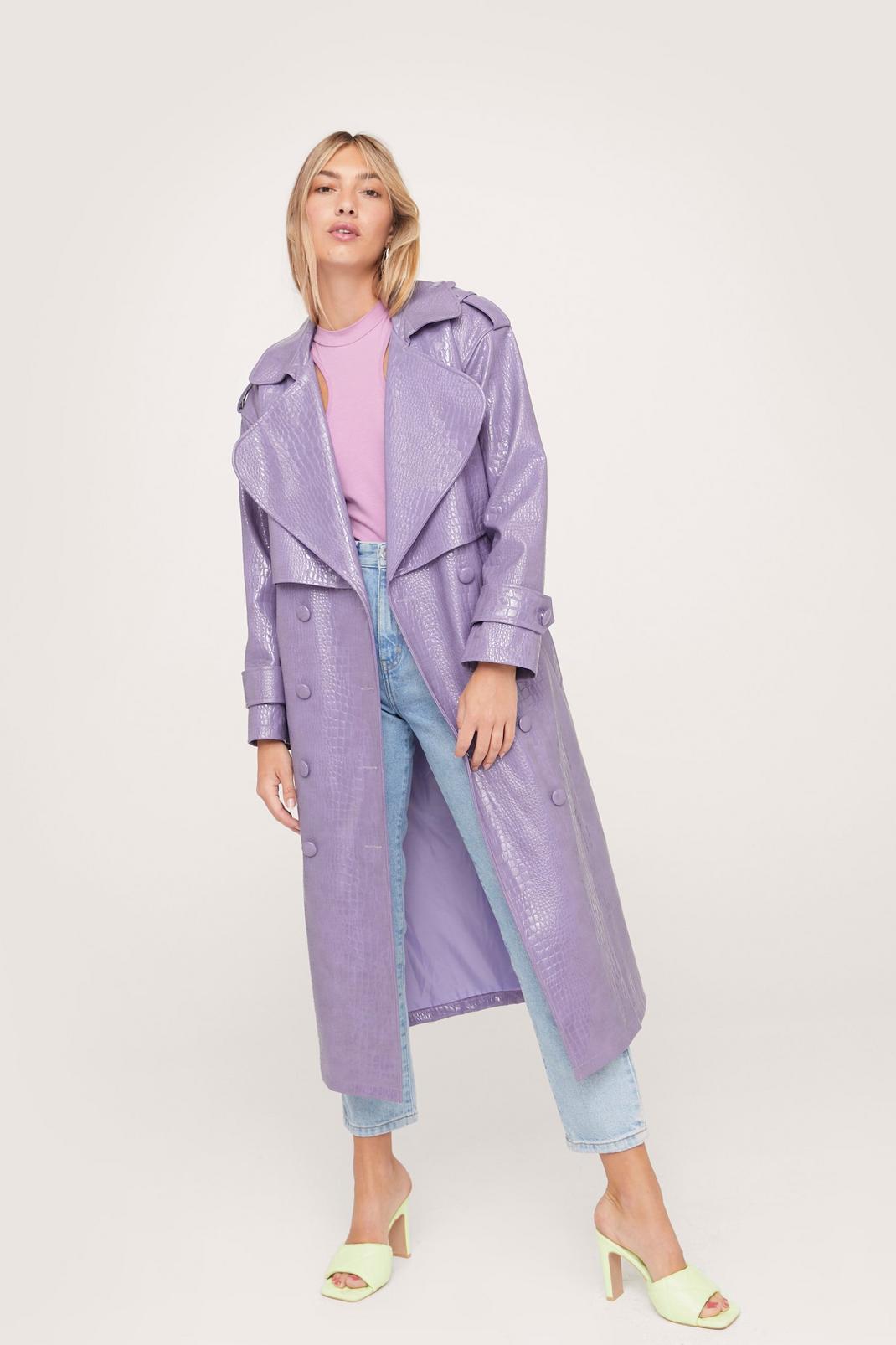 Lilac Faux Leather Croc Embossed Belted Trench Coat image number 1