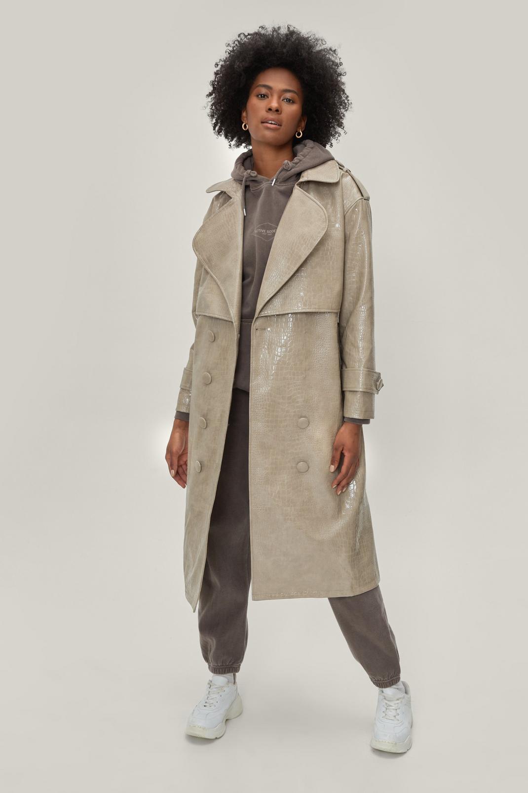 Taupe Faux Leather Croc Embossed Belted Trench Coat image number 1