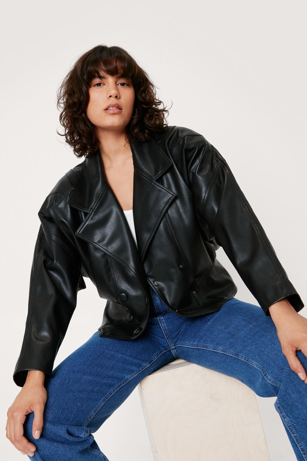 105 Double Breasted Faux Leather Long Sleeve Jacket image number 2