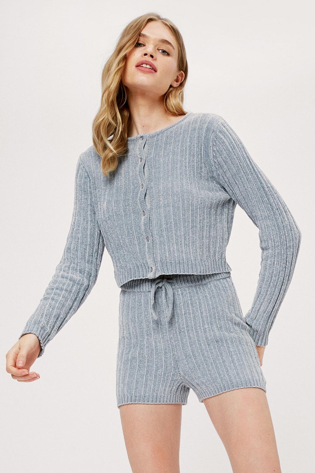 Grey Chenille Ribbed Cardigan and Shorts Loungewear Set image number 1