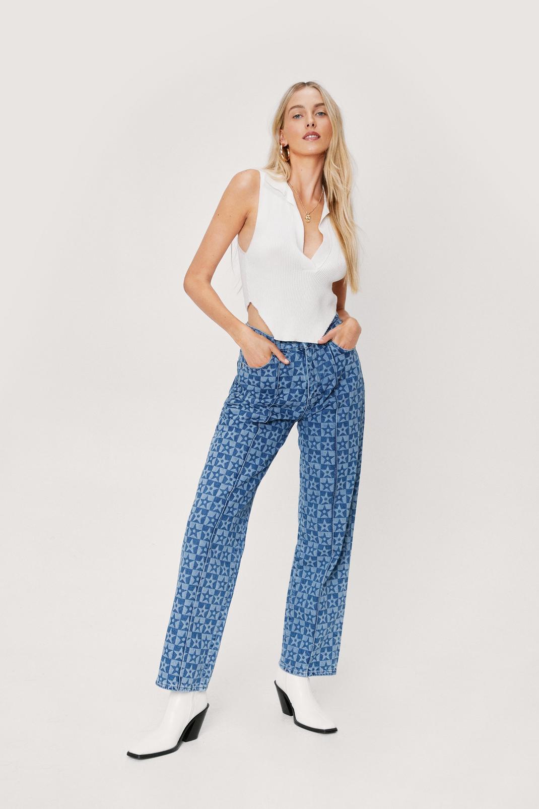 Star Print High Waisted Straight Leg Jeans image number 1