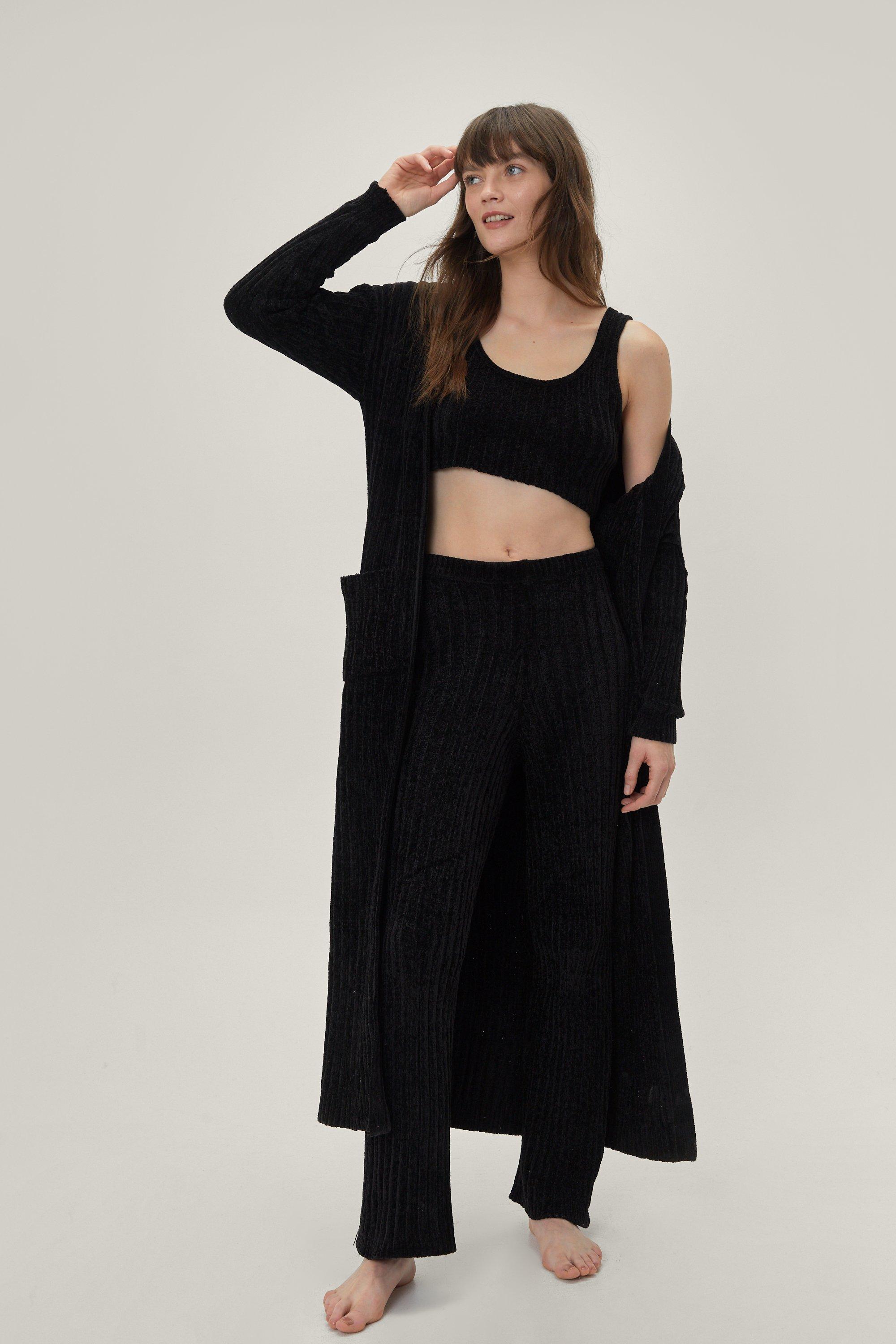 Black Ribbed Wide Leg Trousers