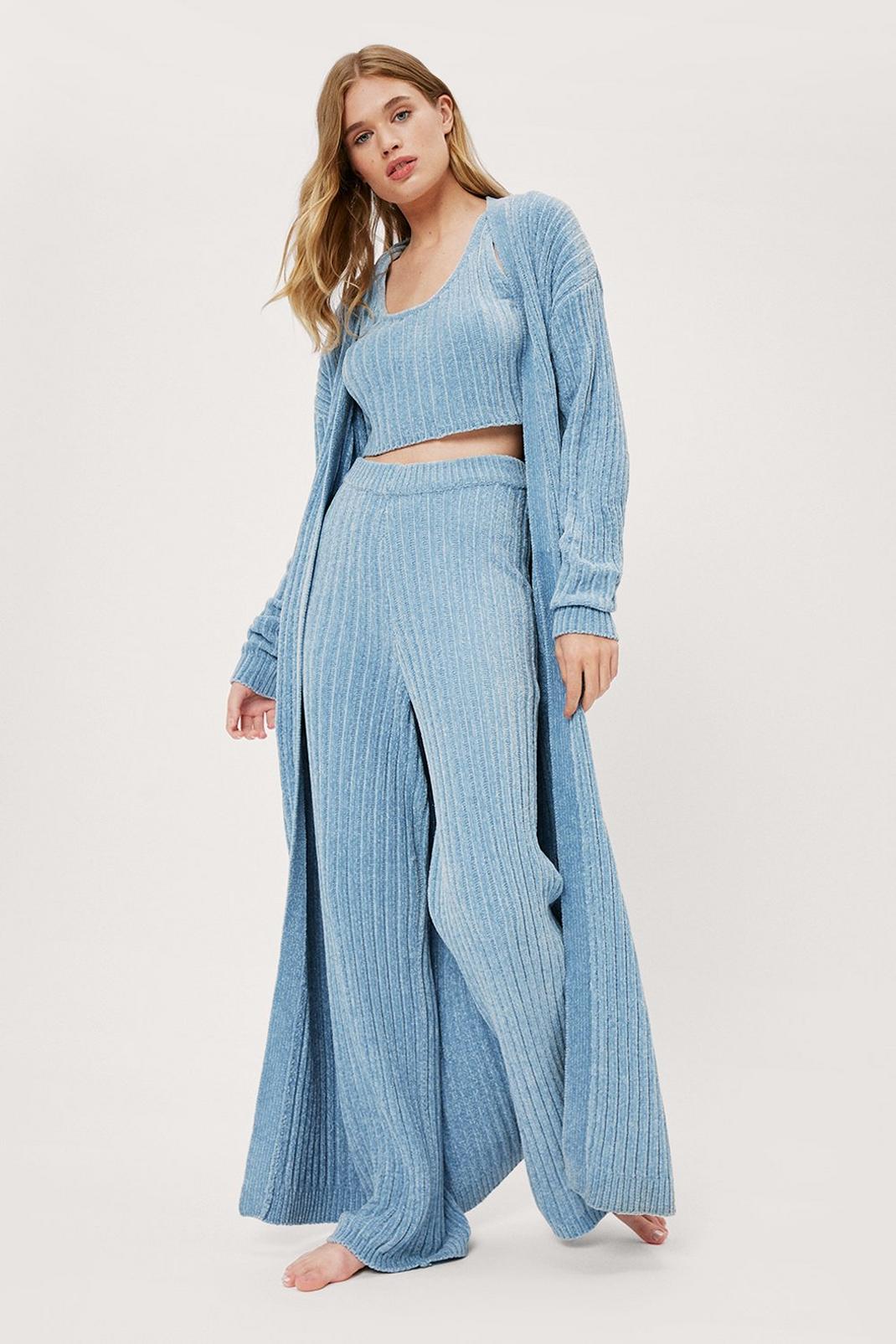 Dusty blue Ribbed Chenille Cardigan and Wide Leg Pants 3pc Set image number 1