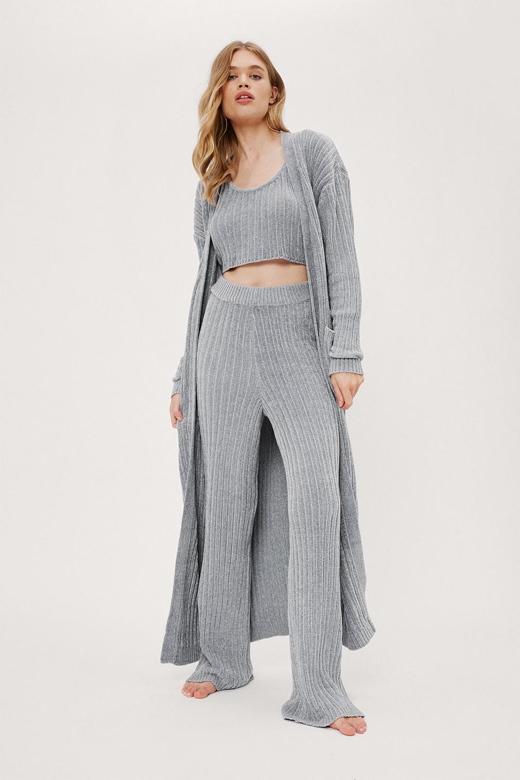 Grey Ribbed Chenille Cardigan and Wide Leg Pants 3pc Set image number 1