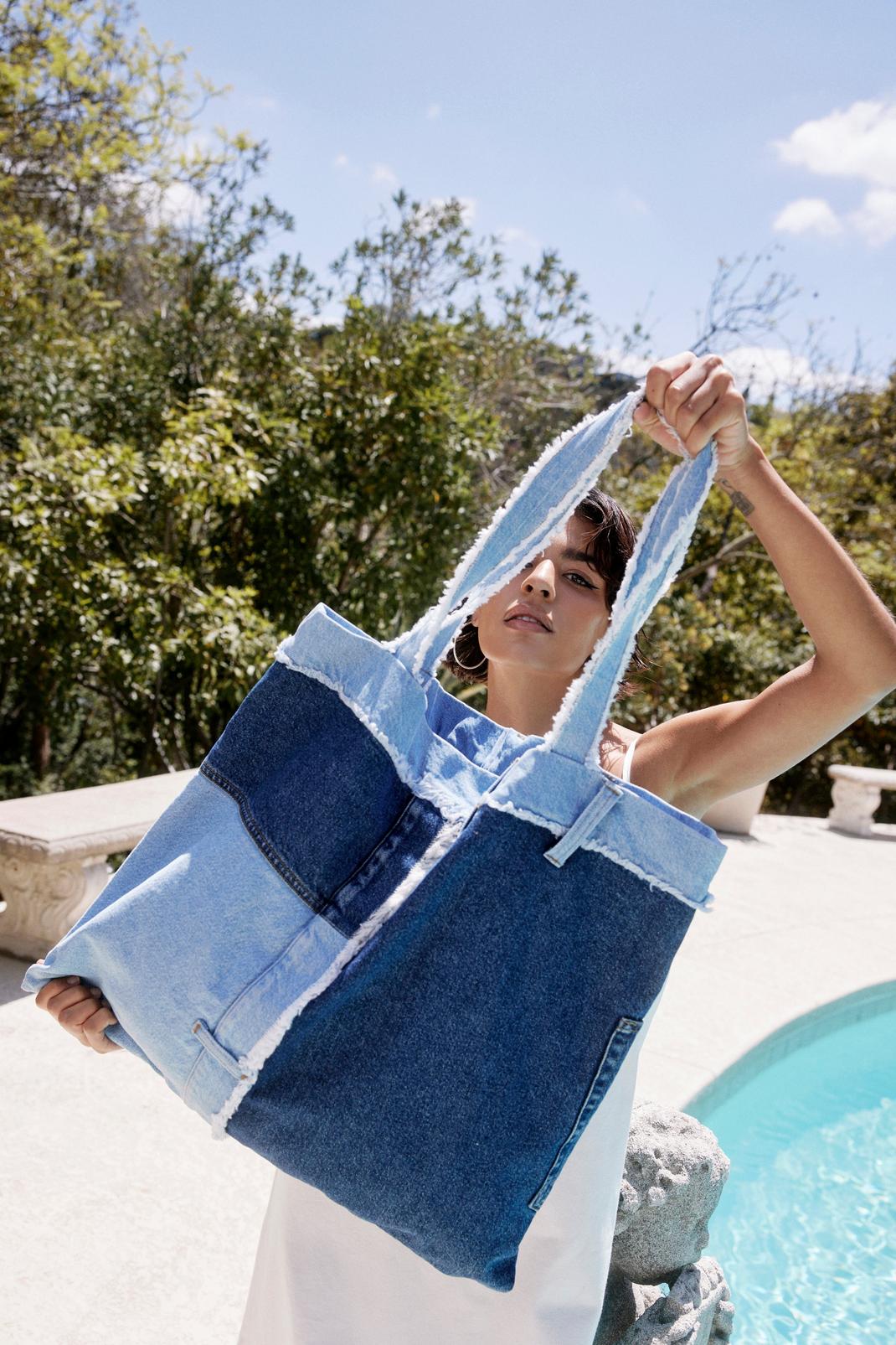 Recyclé - Tote bag retravaillé en denim effet patchwork, Blue image number 1