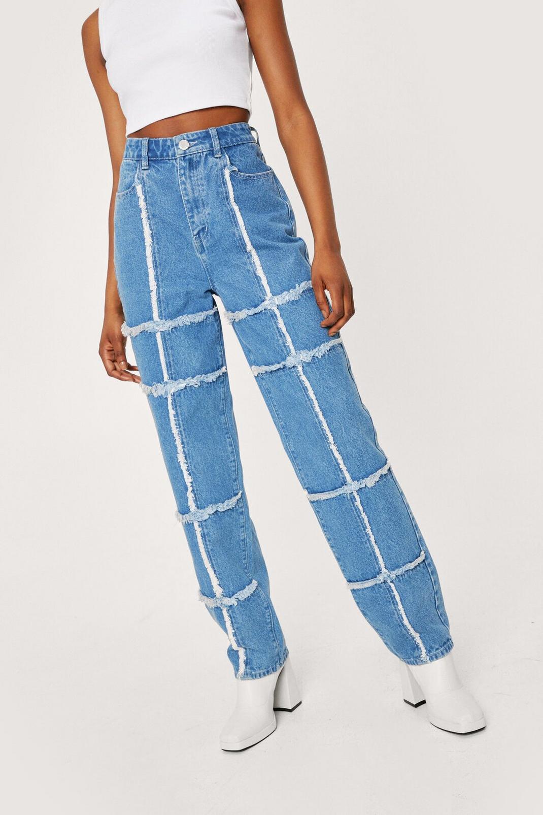 Mid blue Frayed Seam Grid Straight Leg Jeans image number 1
