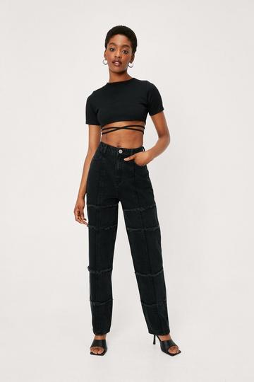 Black Frayed Seam Grid Straight Leg Jeans