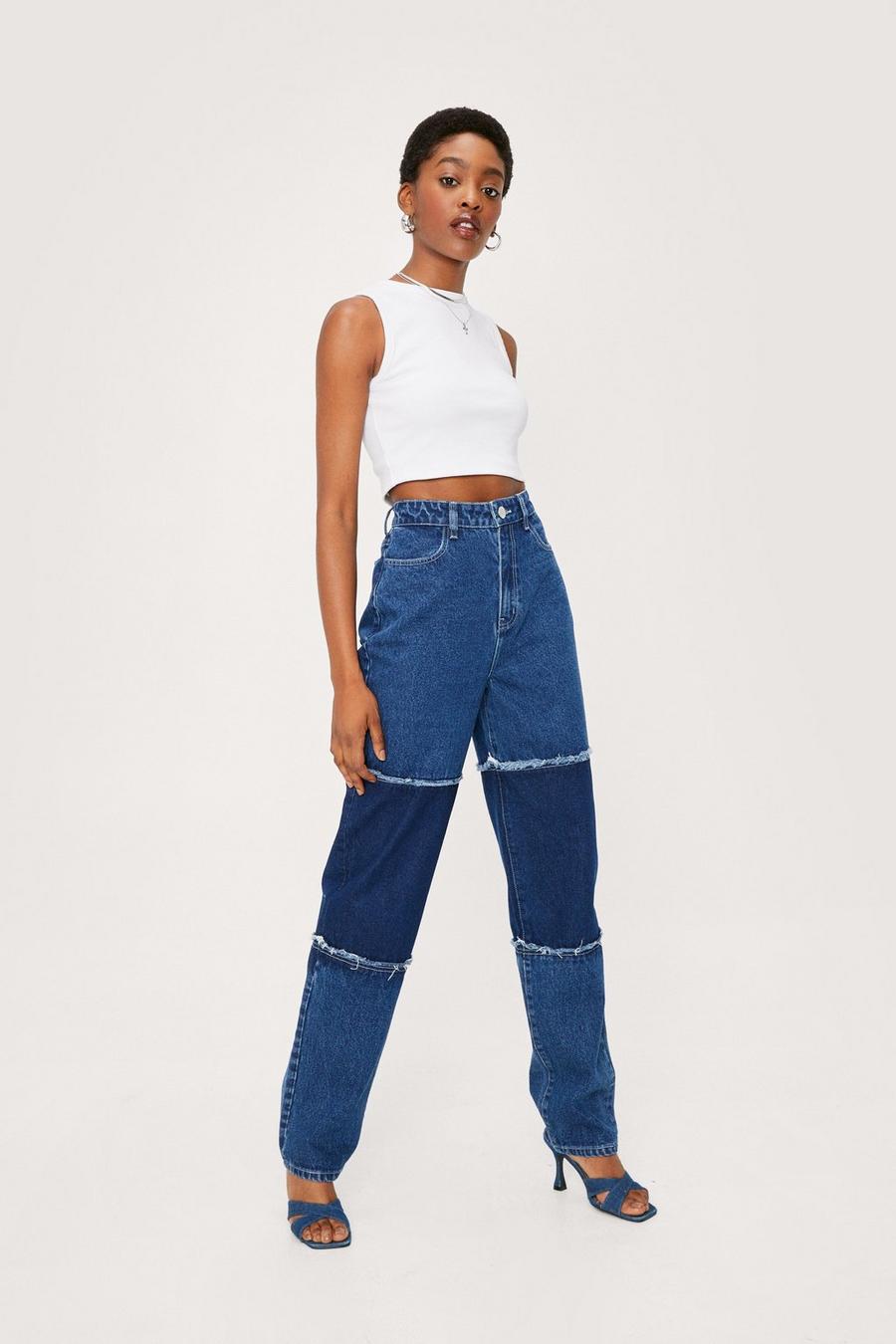 Frayed Seam Colour Block Flared Denim Jeans