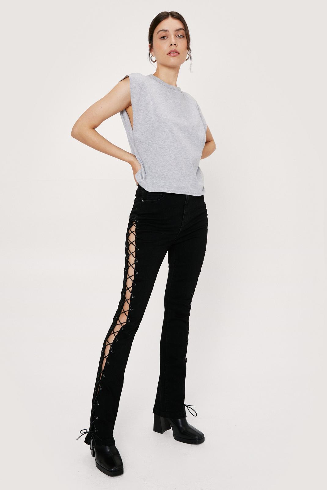 Black Lace Up Fit and Flared Denim Jeans image number 1