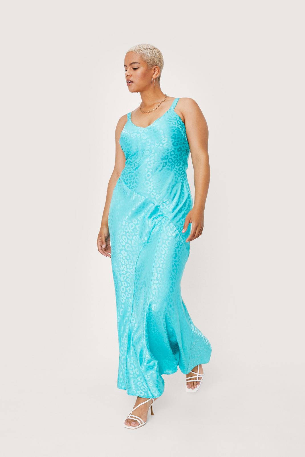 Turquoise Plus Size Leopard Satin Maxi Dress image number 1