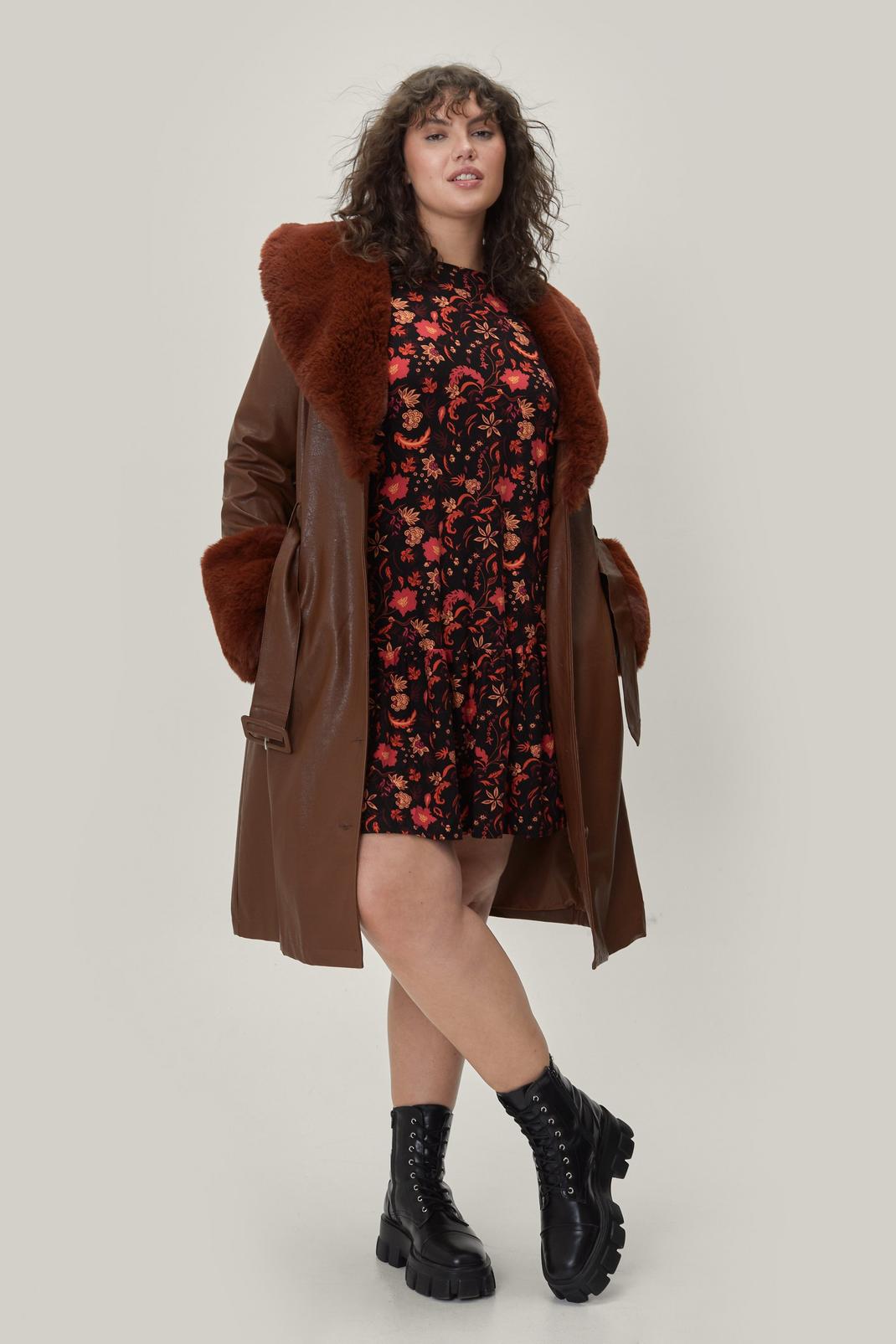 186 Plus Size Fur Trim Faux Leather Trench Coat image number 1
