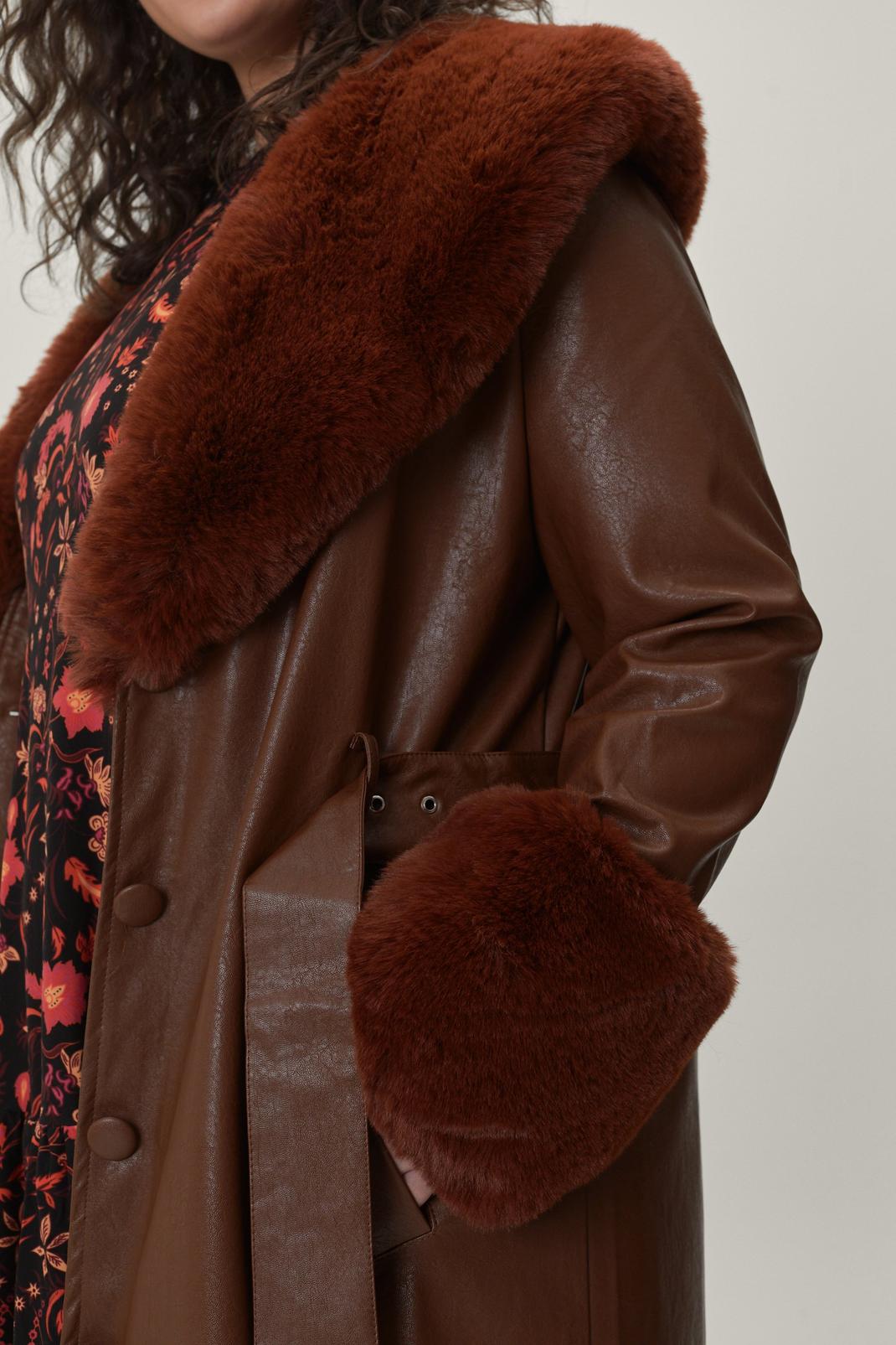 186 Plus Size Fur Trim Faux Leather Trench Coat image number 2