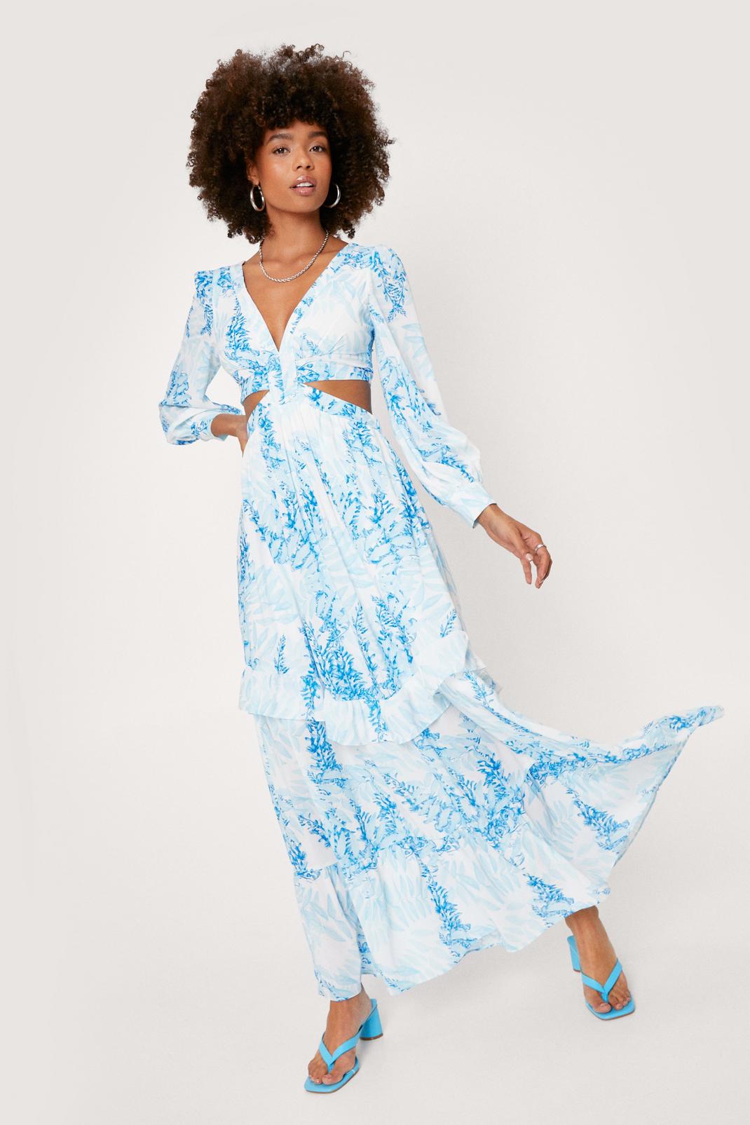 Blue Floral Print Cut Out Balloon Sleeve Maxi Dress image number 1