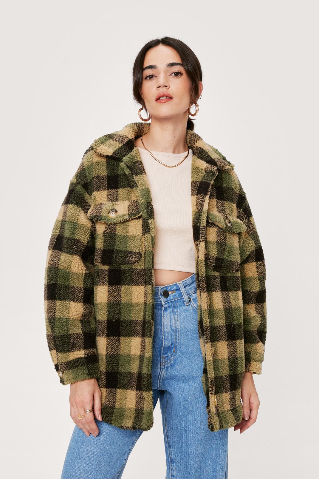 Green Petite Check Long Sleeve Collar Shacket image number 1