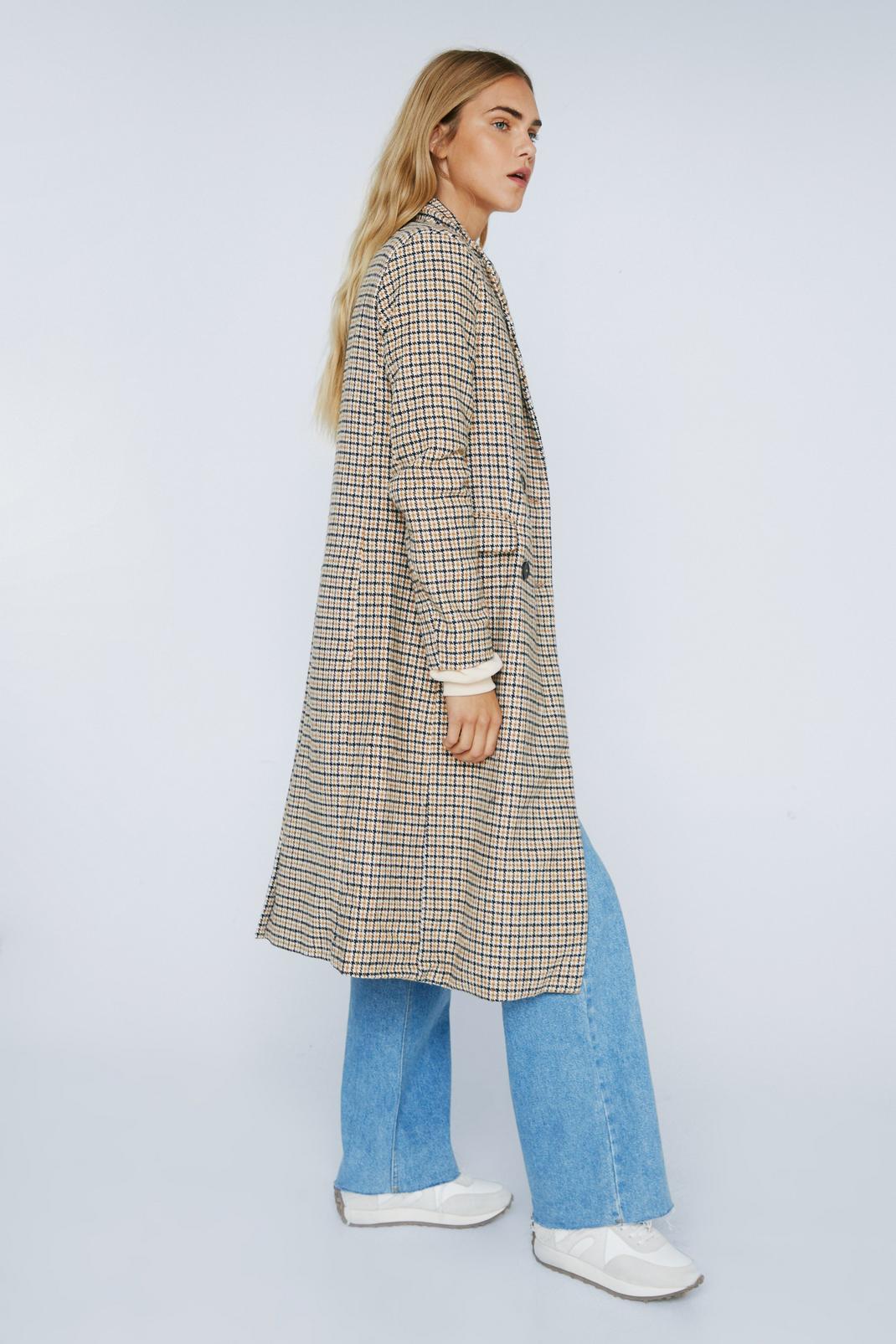 111 Check Print Wool Look Double Breasted Longline Coat image number 2