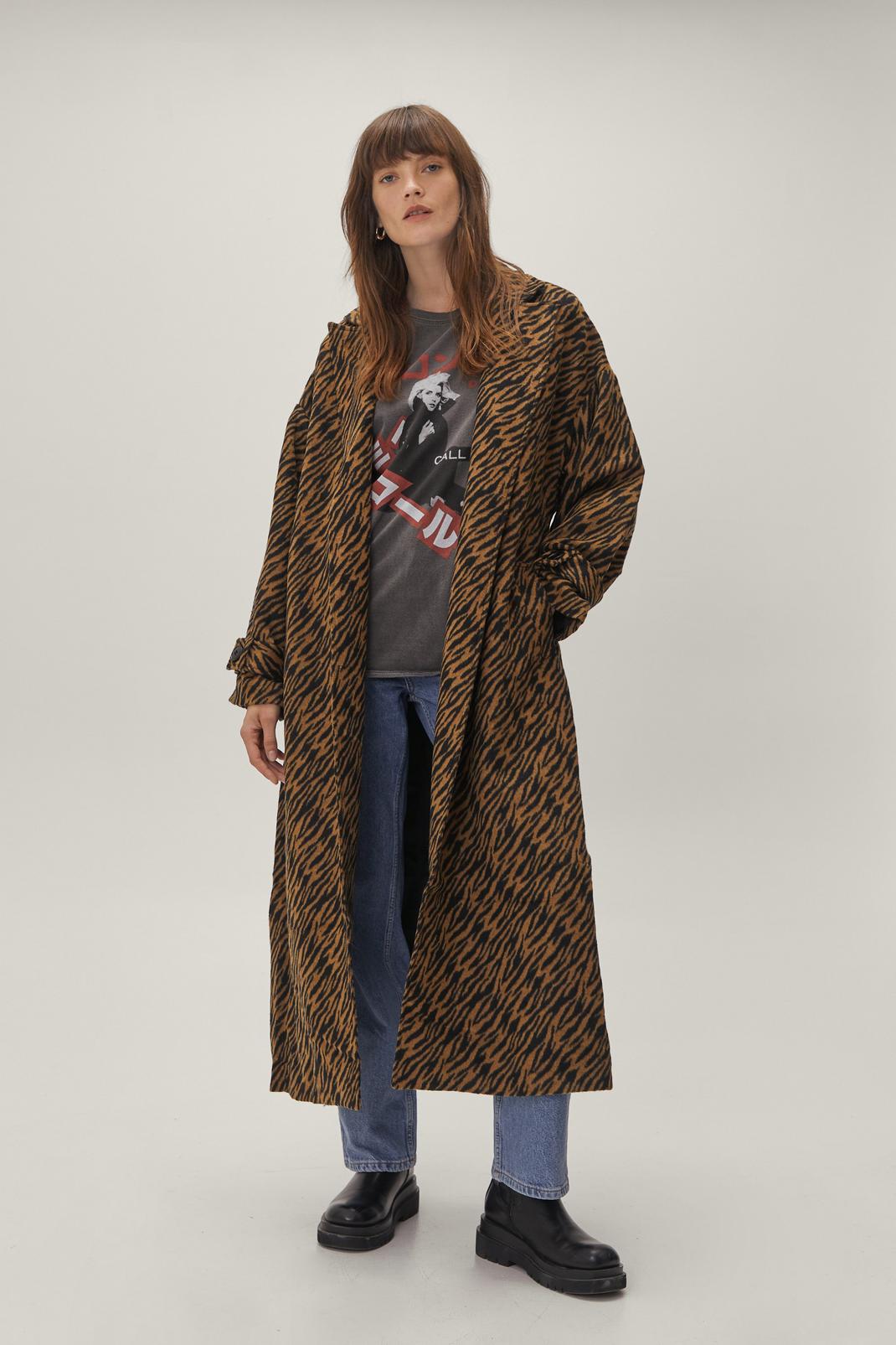 Manteau oversize ceinturé à imprimé tigre, Brown image number 1