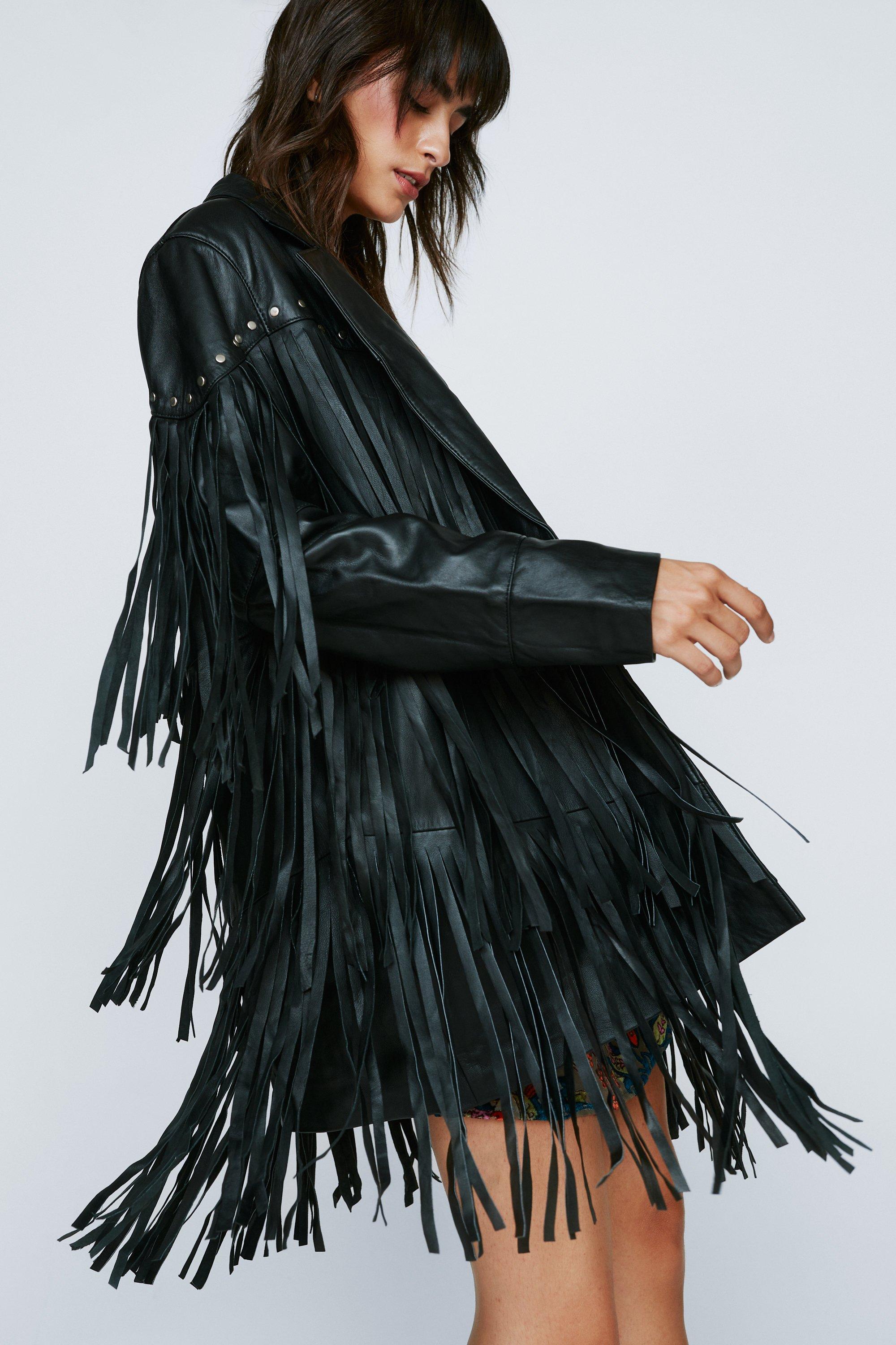 Studded fringe leather on sale jacket