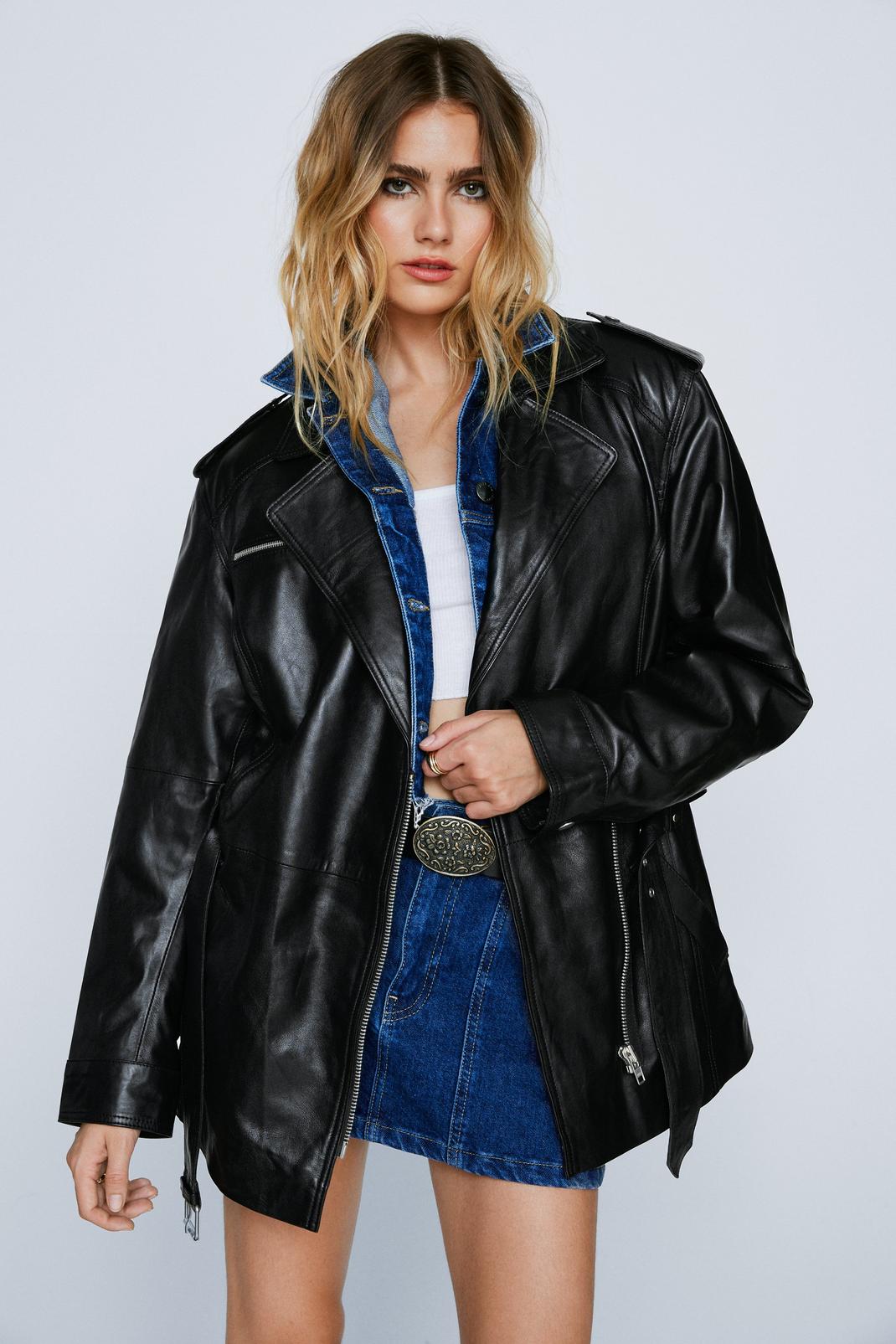 Black Real Leather Zip Detail Longline Belted Jacket image number 1