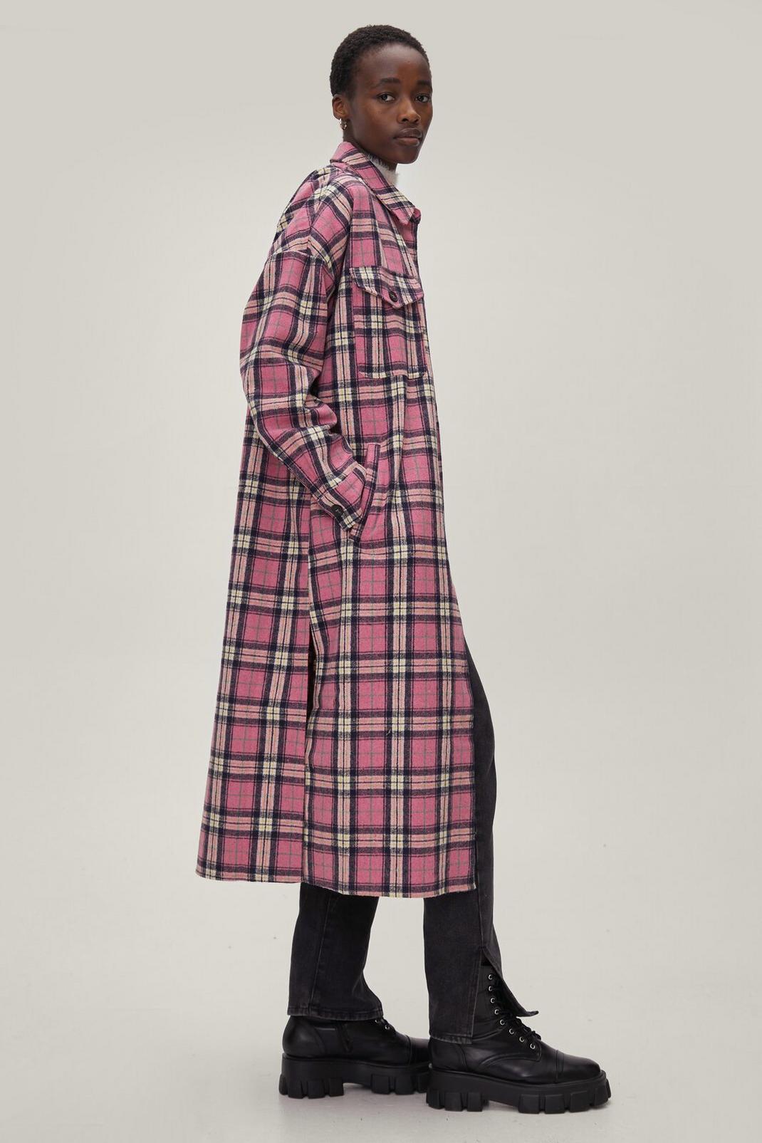 Pink Check Print Longline Button Down Shacket image number 1
