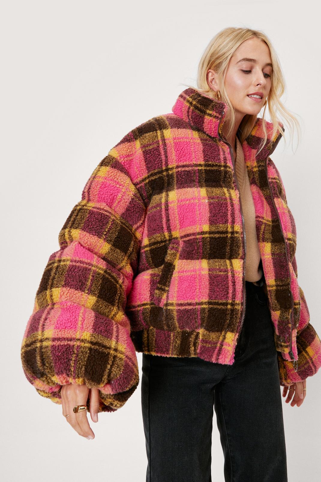 Pink Checked Teddy Padded Jacket  image number 1