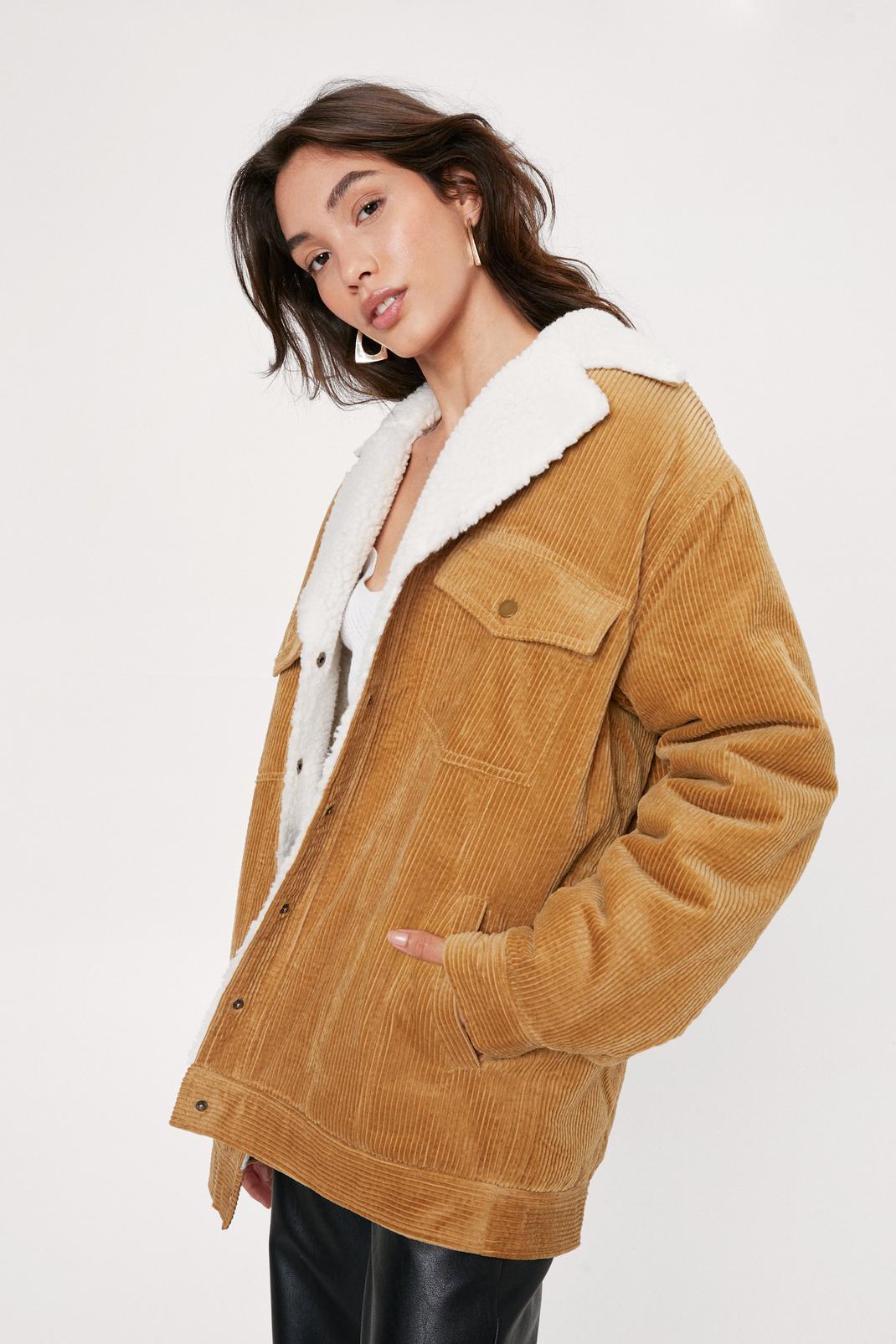 Camel Teddy Lined Cord Trucker Jacket image number 1