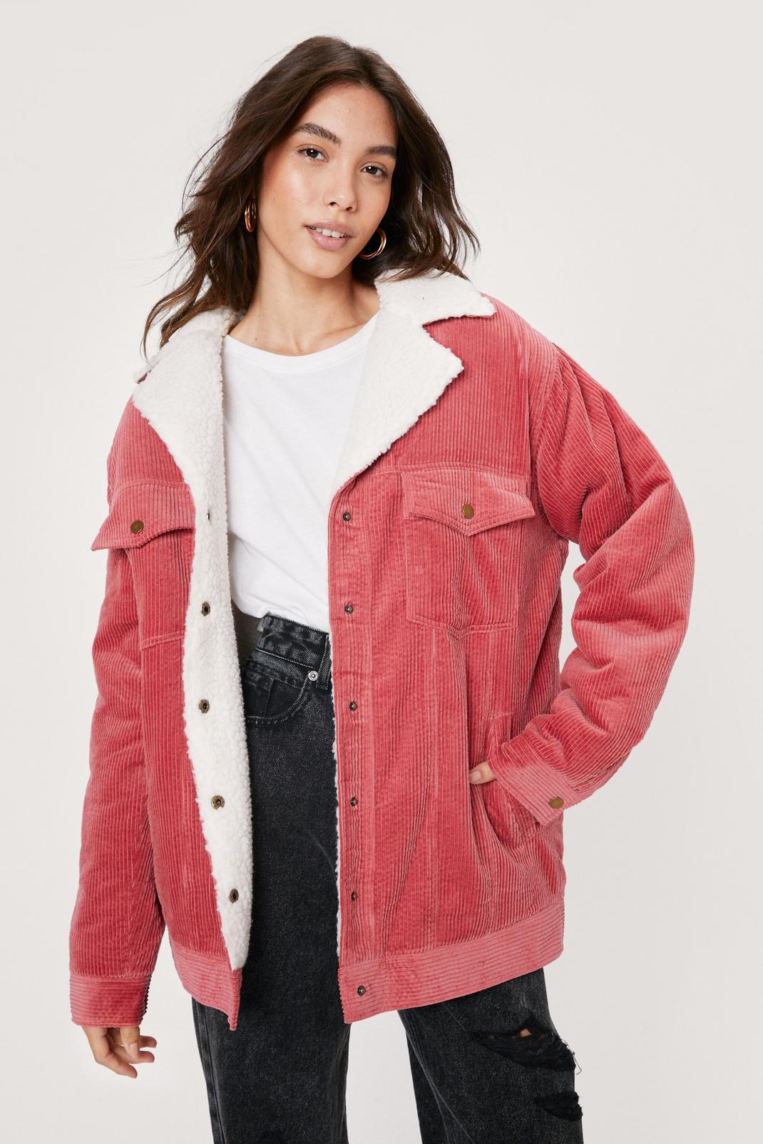 Pink Teddy Lined Cord Trucker Jacket image number 1