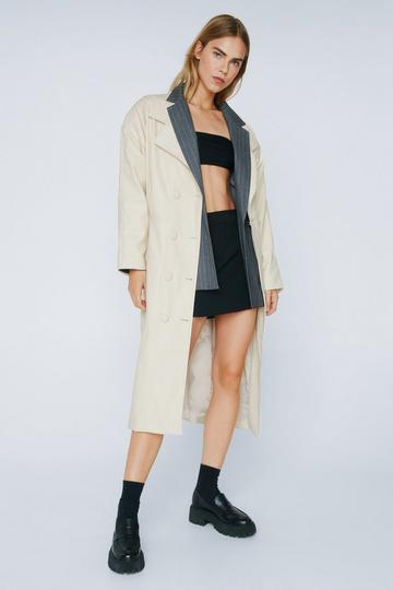 Faux Leather Power Shoulder Belted Trench Coat cream