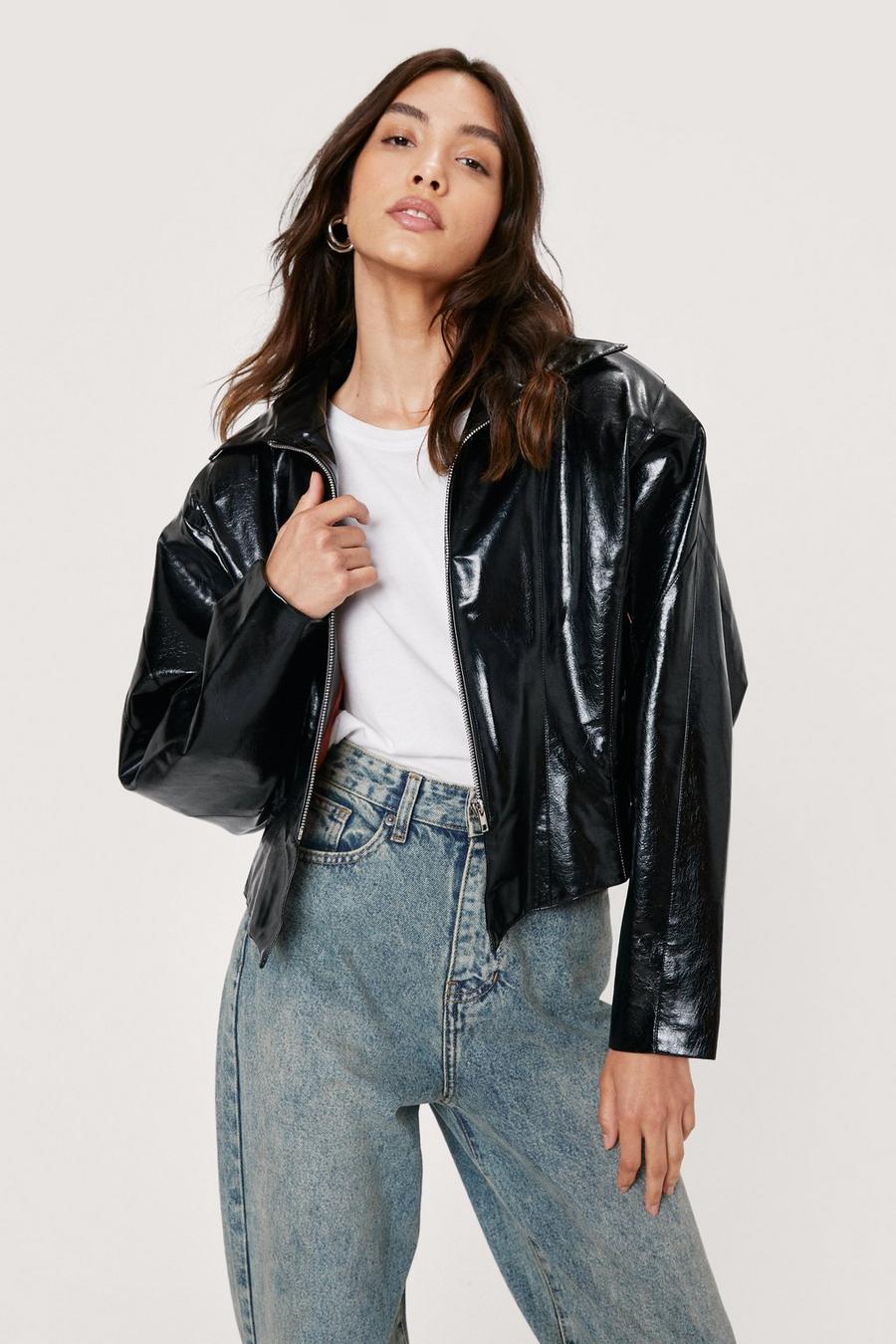 Faux Leather Zip Down Collared Biker Jacket