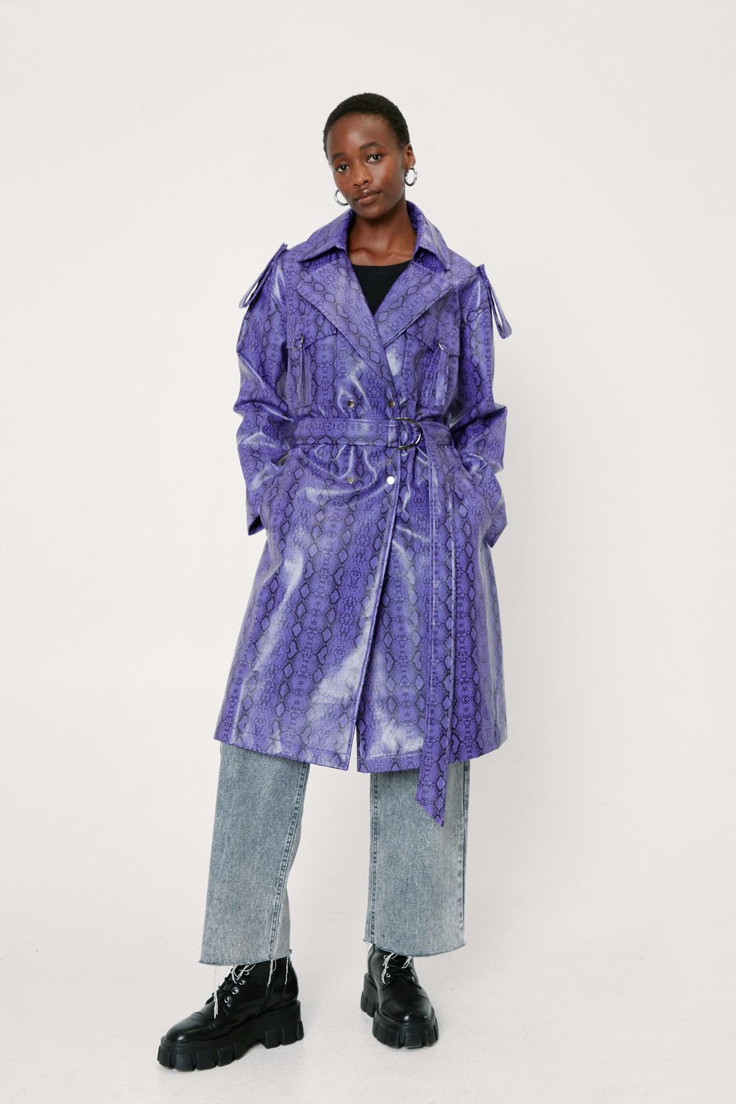 Purple Snakeskin Faux Leather Oversized Belted Trench Coat image number 1