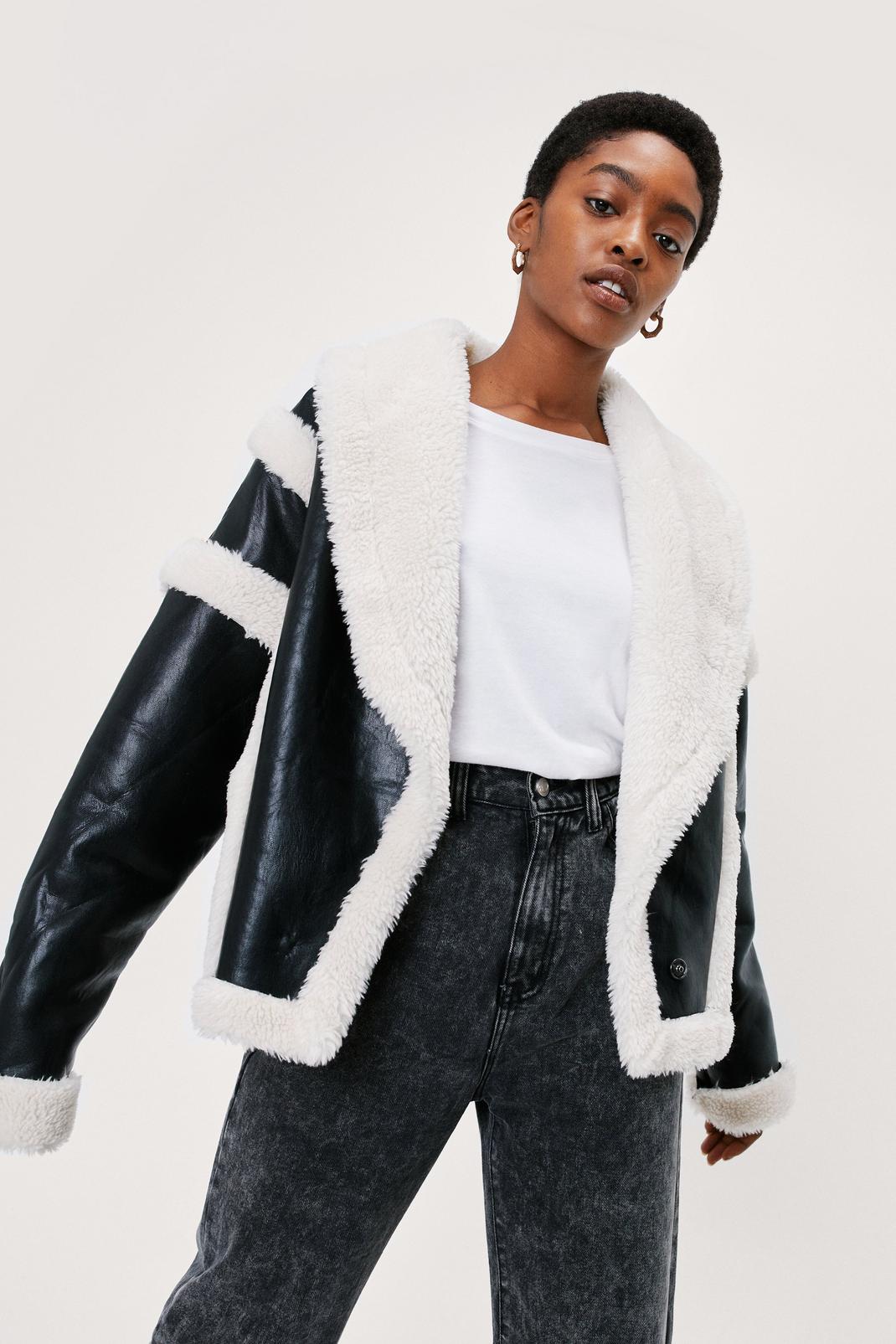 Faux Fur Lined Faux Leather Aviator Jacket