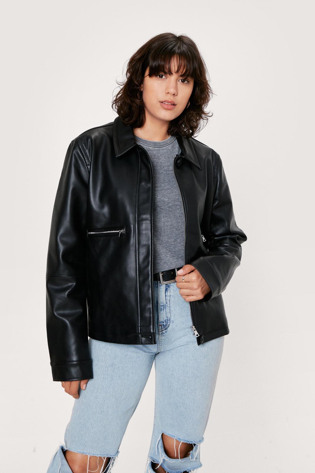 Black Zip Through Faux Leather Harrington Jacket image number 1