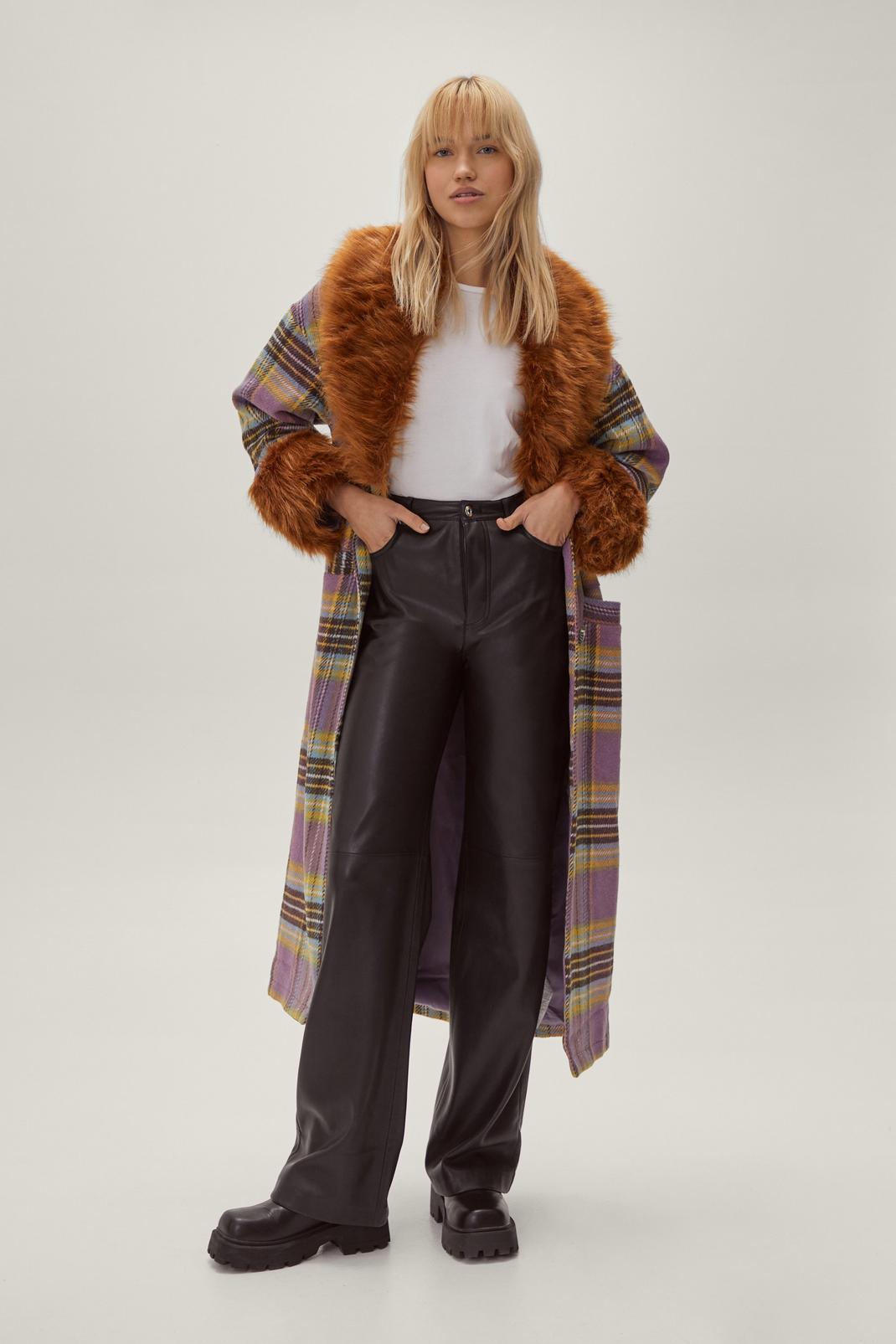 Manteau oversize à carreaux & fausse fourrure, Lilac image number 1