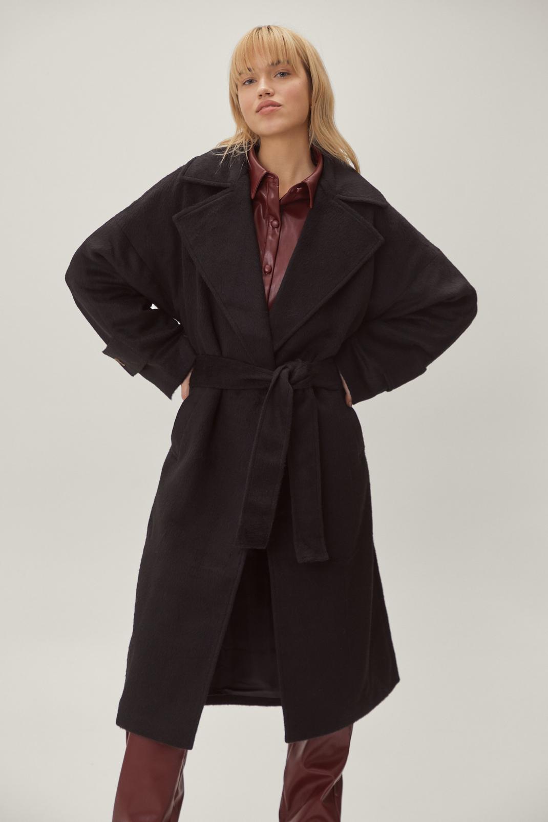 Manteau long ceinturé à boutonnage simple effet laine, Black image number 1