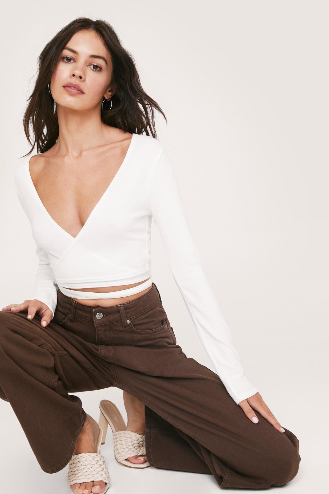 White Ribbed Strappy Wrap Crop Top image number 1