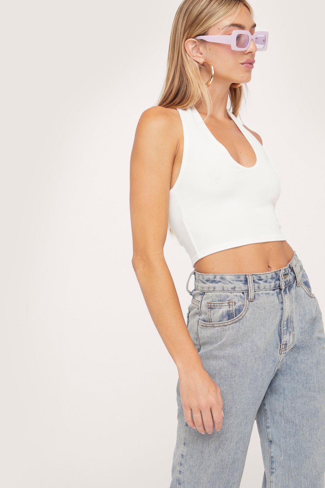 Oatmeal Recycled Ribbed Halter Neck Crop Top image number 1