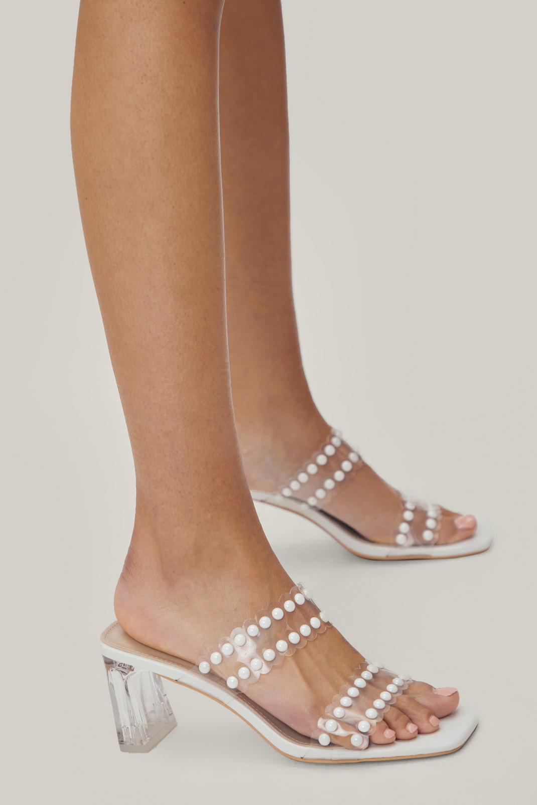 White Faux Leather Pearl Detail Heeled Mules image number 1