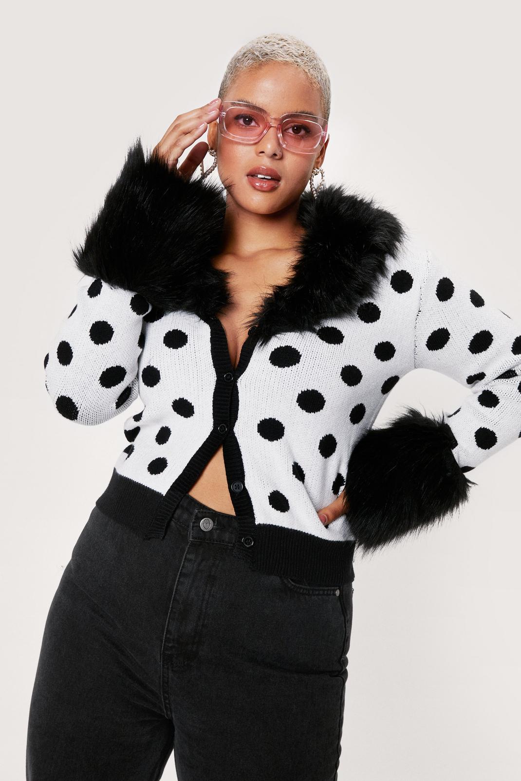 Black Plus Size Polka Dot Faux Fur Trim Cardigan image number 1