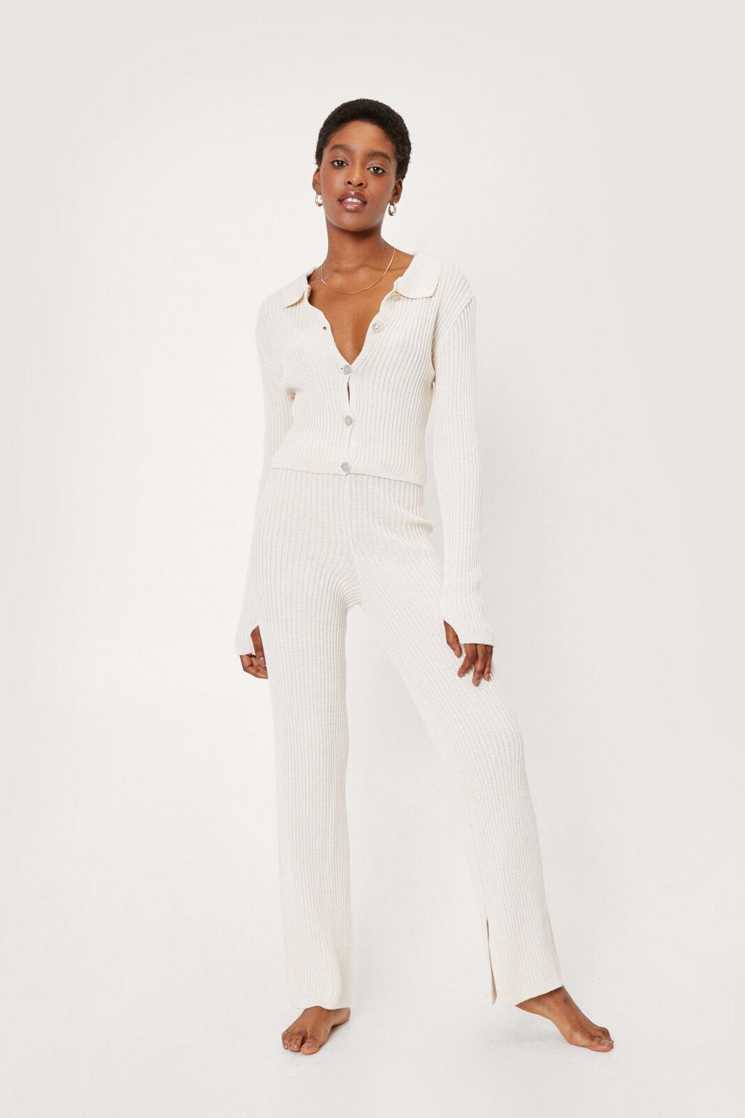 Oatmeal Ribbed Button Down Top and Trousers Lounge Set image number 1
