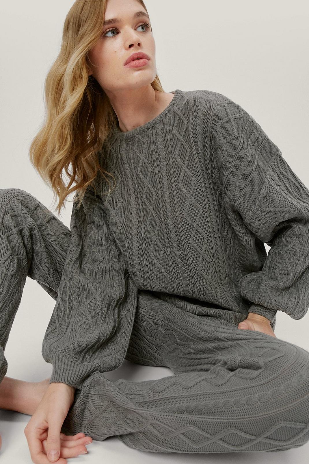 Grey Cable Knit Sweater and Sweatpants Loungewear Set image number 1