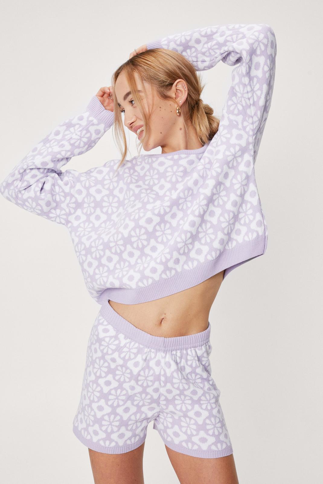 Lilac Abstract Floral Knit Jumper and Shorts Lounge Set image number 1