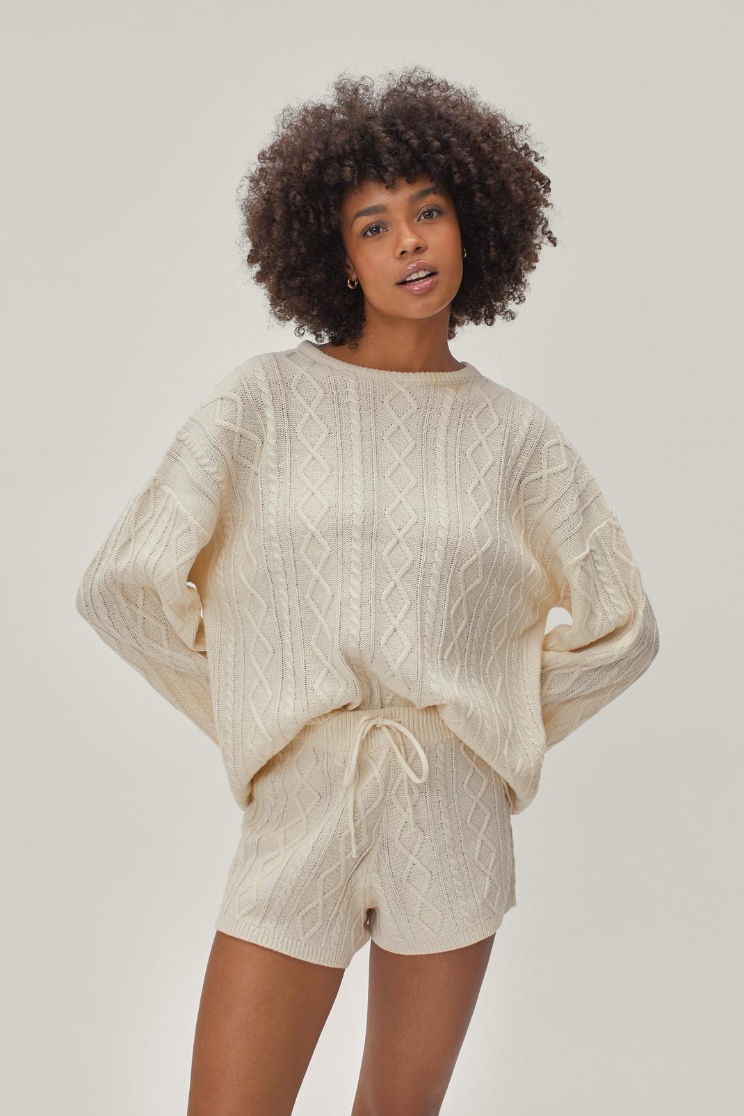 Oatmeal Cable Knit Jumper and Shorts Loungewear Set image number 1